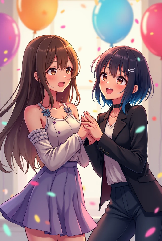 Create a girl with brown, straight hair, light skin and arthetic clothing, singing happy birthday to the other girl with short straight black hair with blue highlights, wearing dark clothes and tanned skin, both with brown eyes and laughing in the anime style