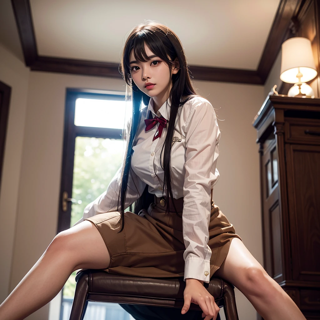 ulzzang-6500-v1.1, (raw photo:1.2), (photorealistic:1.4), beautiful detailed girl, very detailed eyes and face, beautiful detailed eyes, ridiculous, incredibly ridiculous, huge file size, super detailed, high resolution, very detailed, best quality, masterpiece, kemomimi, ((Japanese girls' high school uniform)), illustration, very detailed, CG, unified, 8k wallpaper, amazing, Fine details, masterpiece, best quality, very detailed CG uniform 8k wallpaper, light on face, cinematic lighting, 1girl, , ((no panties)), ((dynamic pose))), (camel toe), (half), (pantyhose), (knee-bending leg sitting))