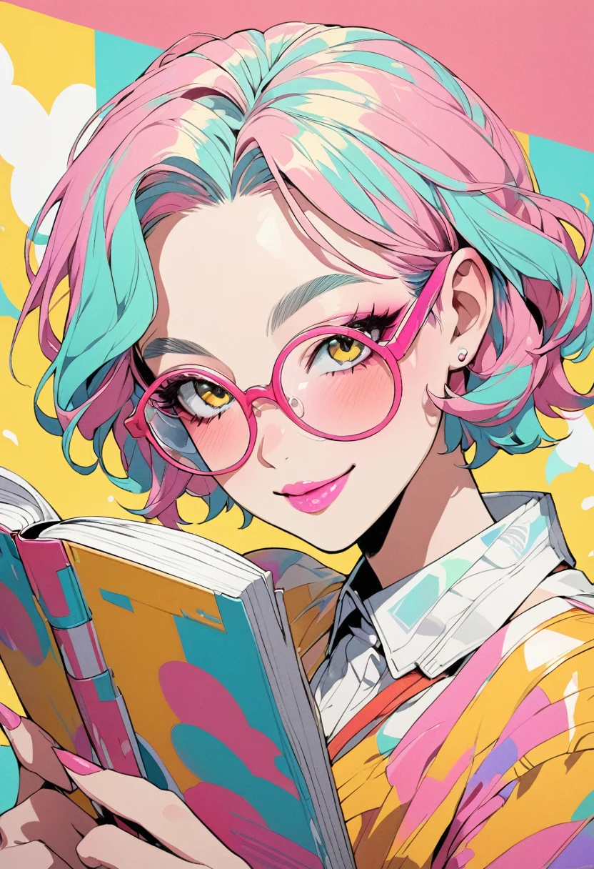 (masterpiece, Highest quality:1.4, City Pop Style, Very detailed, up to date, Vibrant, High Contrast), ((Face Up Shot:1.4)), 1 male, solo, Anime Style, reading, Blurred vision, Neon Hair, Glasses, (Smile, smile), Pink lips, Cool face, Colorful Hair, Short Hair, Two Block, Perfect Fingers, pastel colour, 1980s style, ((Retro, Vintage, Plain background))