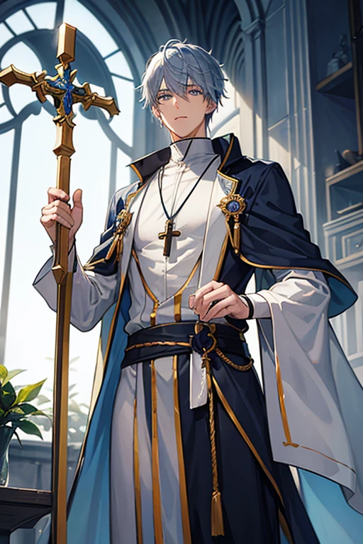 30-year-old priest have short, messy silver-blue hair and eyes of the same color. He is a tall and muscular man, wearing a Holy Knight's robe with a cross on his chest, wearing a golden crucifix necklace and holding it. a spear in his hand
