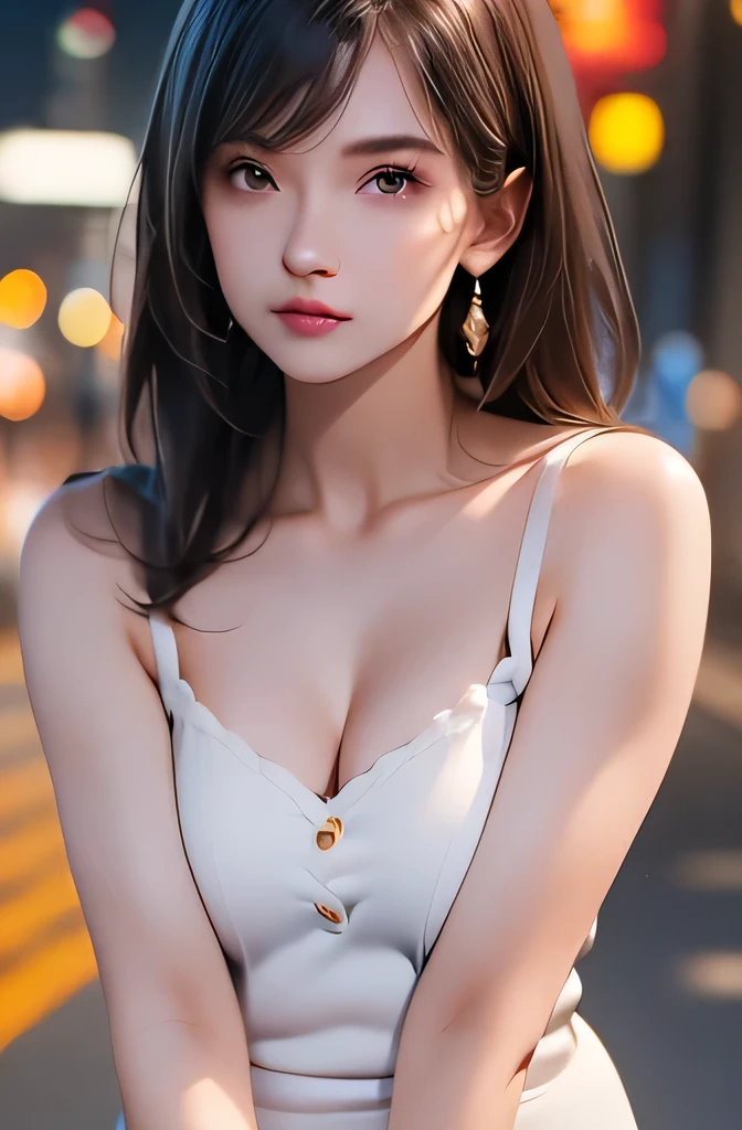 (((best quality))),1 female,slender face,(((arms behind))),(((cool beauty))),Black Hair,Brown Eyes,medium hair,straight hair,small breasts,looking at viewer,25 years old,No pubic hair,Height: 160cm,(full body),blouse,Standing in a busy street at night,mini skirt,Provocative look,bangs,Seductive expression
