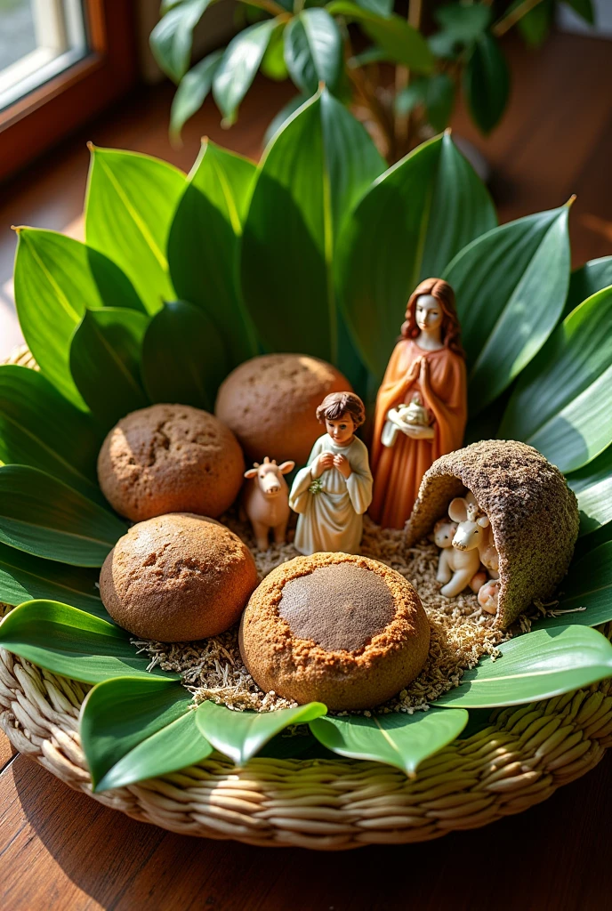 Big plate that made from old grass like breeds , on top of that plate there is paved green round wide and big leafs,and on top of leafs there is in between round and oval shape brown unbroken big breads,and nearby there is small Birth photo of Jesus Christ with his mother Virgin Mary around them there are cows donkeys in the animals shelter  .