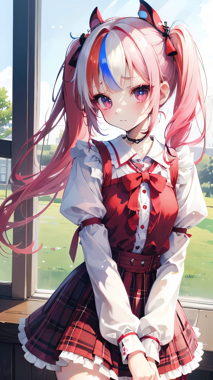 Very cute girl (), rainbow-colored pigtails, round eyes, short eyebrows, short eyelashes, slightly upturned lips, small red tartan check shoulder strap one-piece skirt, white zettai ryoiki knee-high socks, zettai ryoiki, sunny day, blue sky, country road, faint smile, cheerful,