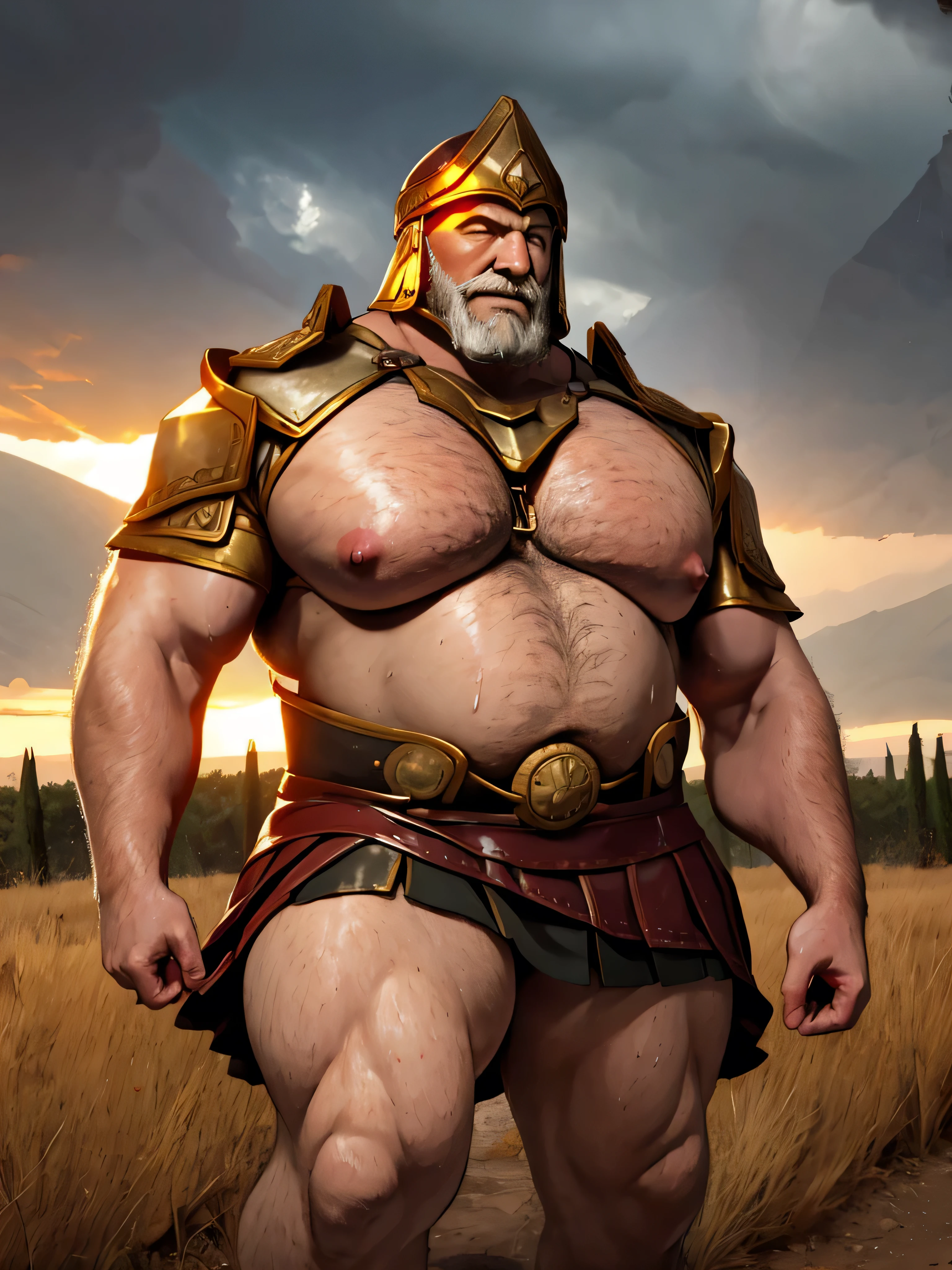 A gray-haired Roman centurion with no shirt A full body obese bodybuilder with a very sweaty body An extremely muscular and extremely fat old man over 70 years old weighing over 600 pounds Very muscular very hairy with large pecs with dark nipples and gynecomastia in a landscape of a Tuscan field with a stormy sky in the rain with a short leather skirt and brass details