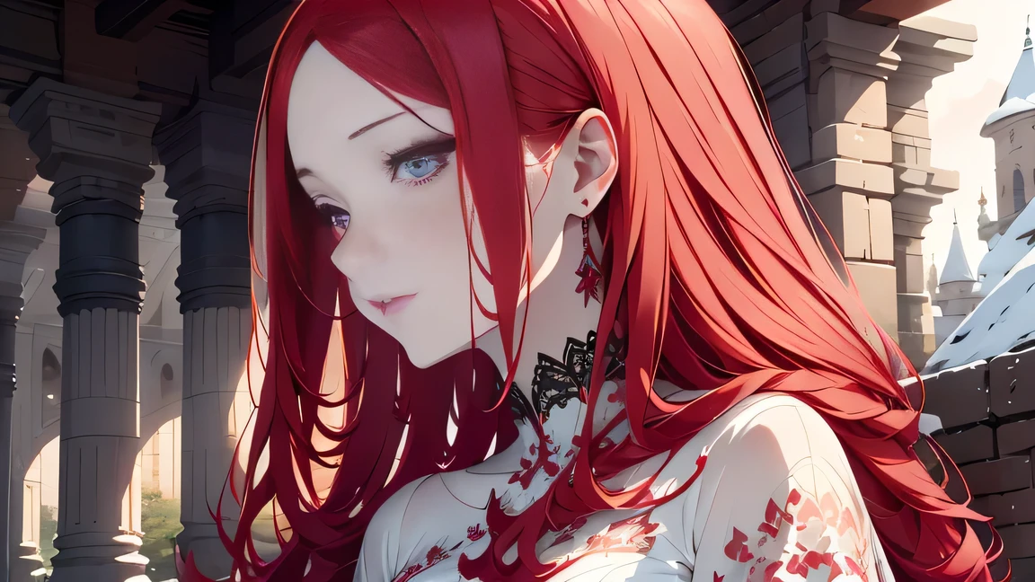 Detailed long pale red hair, Mysterious pale red dress, Detailed beautiful pink eyes, Detailed beautiful face, Fantastic watercolor painting, Beautiful profile, Detailed digital art, beautiful, beautiful woman, Beautiful watercolor portrait, Detailed portrait, A fantastic landscape of snow,