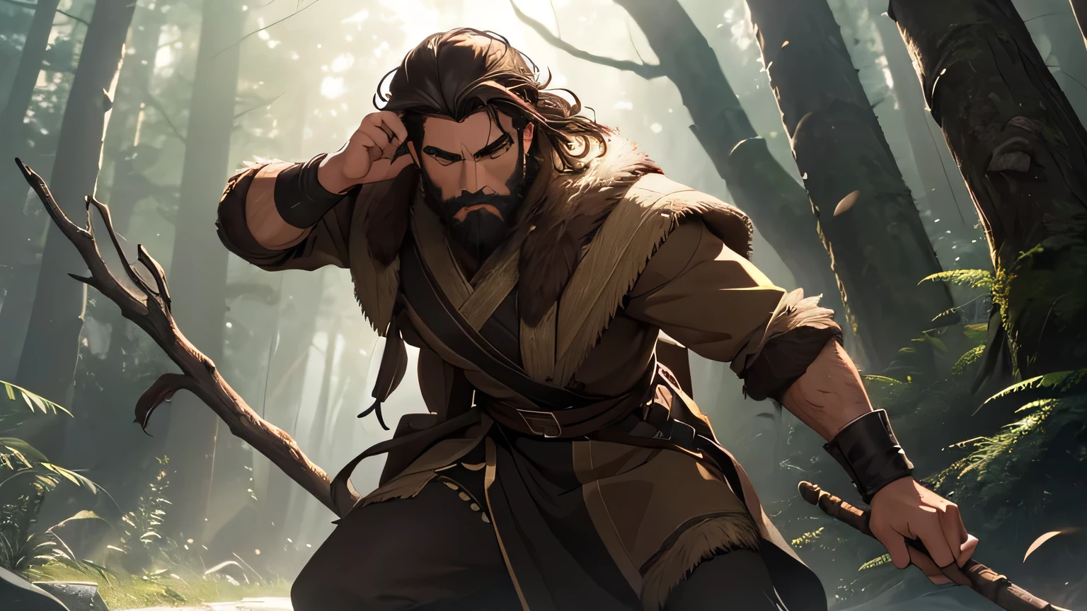 Man with a dark brown beard, long dark brown hair, light yellowish brown eyes and a dark brown and light brown tunic from the 4th century BC. C., with light brown fur, about 50 years old, WITH A STICK FIGHTING in a dark and mysterious forest at night. running in the forest, moody lighting, hyper-realistic cinematic lighting,