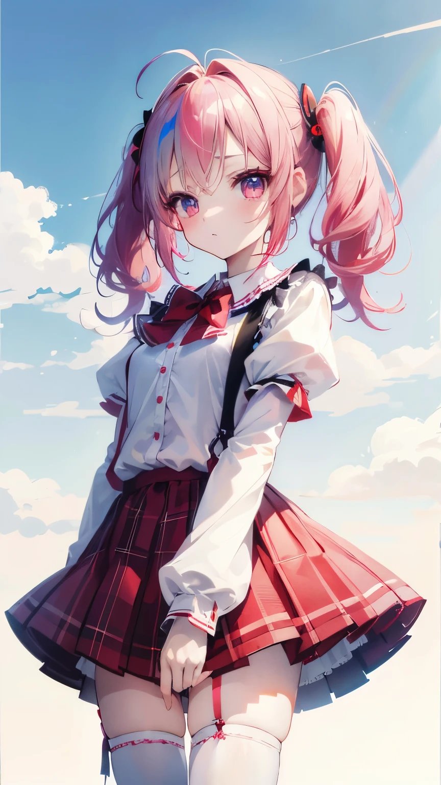 Very cute girl (), rainbow-colored pigtails, round eyes, short eyebrows, short eyelashes, slightly upturned lips, small red tartan check shoulder strap one-piece skirt, white zettai ryoiki knee-high socks, zettai ryoiki, sunny day, blue sky, country road, faint smile, cheerful,