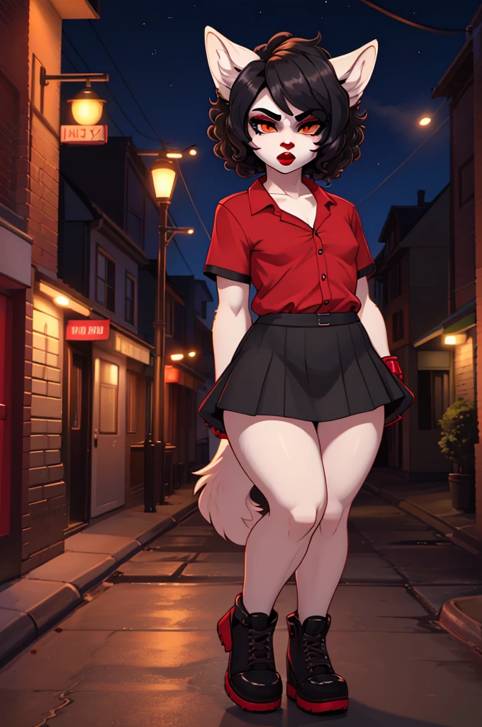 (masterpiece), (best quality), (high res) (solo), (perfect anatomy) (perfect face), wolf and sheep hybrid, (black hair), (black wool), (curly short hair), fair skin, ambiguous gender, (1boy1girl), flat chest, wide hips, thick thighs, (black short mini skirt skirt), (prostitute), ((red chest leggy mini shirt)), yellow glowing in the dark eyes, angry, androgynous, (long eyebrows), ((deep red lipstick)), ((black eyeshadow)), sexy pose, in a street