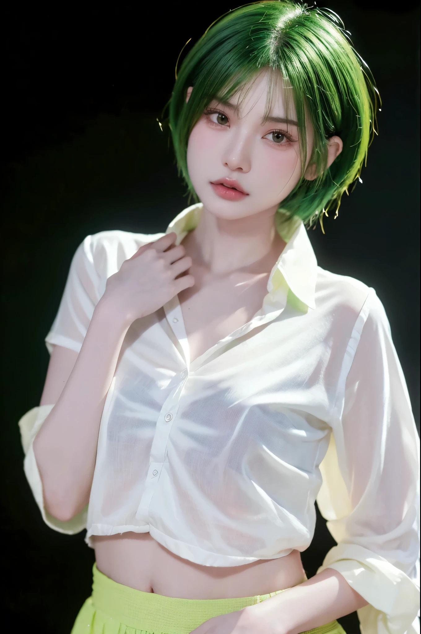 HDR, UHD,8K, face High Quality, nokiapretty, Thin shirt , (((black background 8k))),  short hair, greenhair