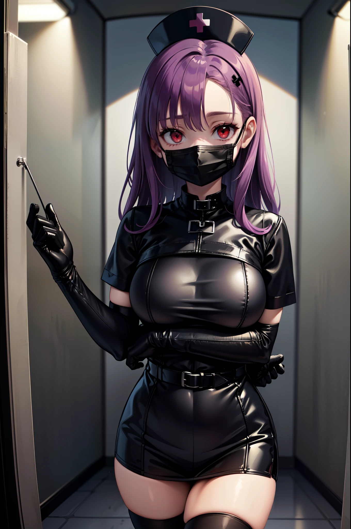 black nurse, 1woman, solo, black nurse cap, black nurse uniform, ((black legwear, zettai ryouiki)), black elbow gloves, long hair, purple hair, red eyes, ((black surgical mask, covered nose)), standing, ((surgery room)), sharp outline, short sleeves, mature female, 35 years old, best quality, masterpiece