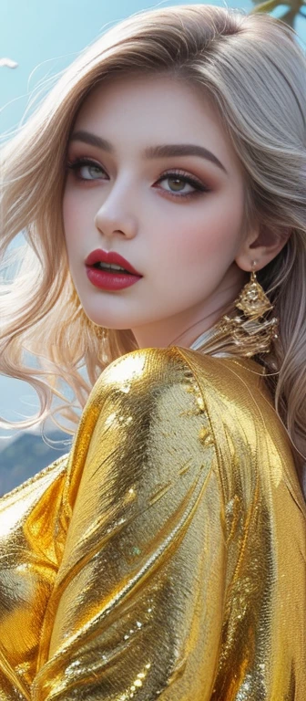 Full body portrait of a beautiful ethereal woman, her very long gold hair cascading down in soft waves, framing a face of extreme detail and elegance. Her eyes, big and colorful, boast three gradient silver shades of eyeshadow and eyeliner, accentuating her double eyelids and long lashes. Rosy cheeks adding a touch of warmth to her ethereal beauty, and her skins glossy texture shines in the cinematic light, highlighting each and every realistic pore and Wrinkle. Full lips adorned with golden glitter on her silver lipstick, complementing the gold and silver jewels she wears around her neck and wearing a scarf,she is the elemental goddess of Gold,Goddess makeup,highly detailed face, detailed face, perfect proportions, well-proportioned body of six heads, huge breasts, thin waist, navel, big butt , crotch gap, large thighs,