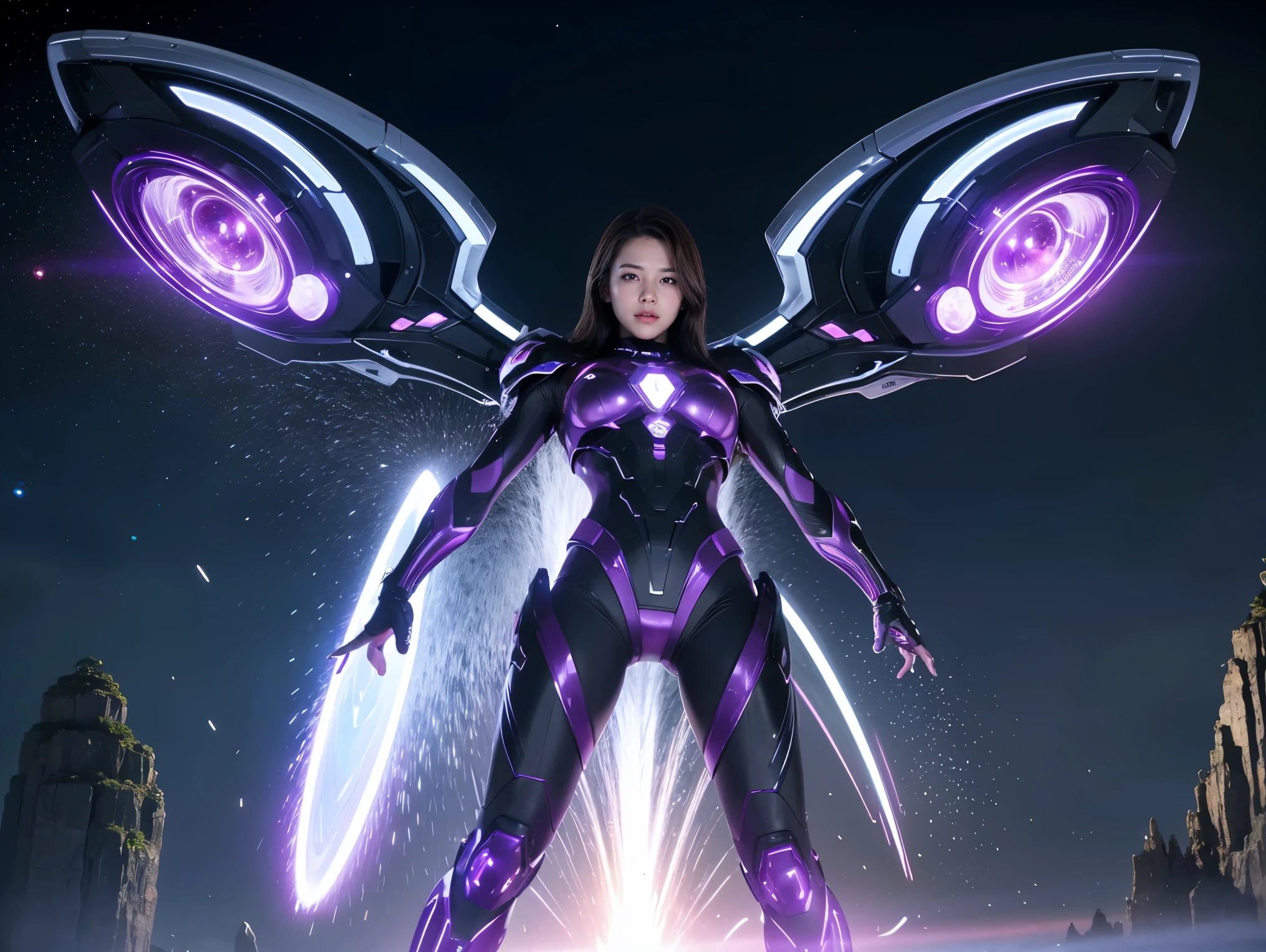 (RAW Photos, Highest quality), (Realistic, Photorealistic:1.3), 1 person、Realisticbody、Purple battle costume、Meteor warrior flying from space、Fight against the octopus aliens、Octopus、Shielded Reflector Laser、smile、