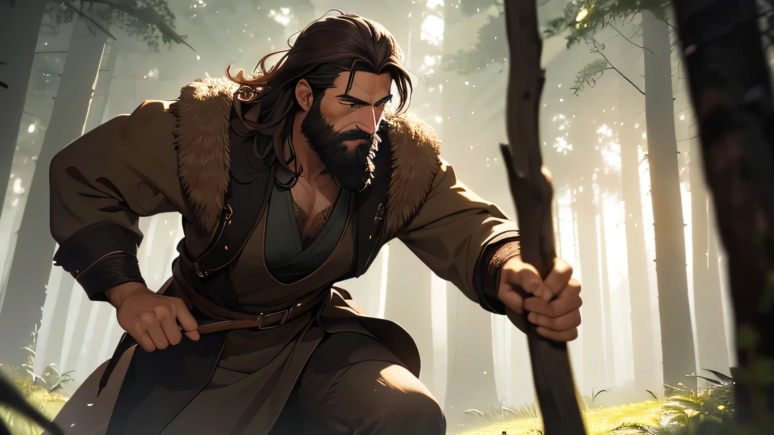 Man with a dark brown beard, long dark brown hair, light yellowish brown eyes and a dark brown and light brown tunic from the 4th century BC. C., with light brown fur, about 50 years old, WITH A STICK FIGHTING in a dark and mysterious forest at night. running in the forest, moody lighting, hyper-realistic cinematic lighting,