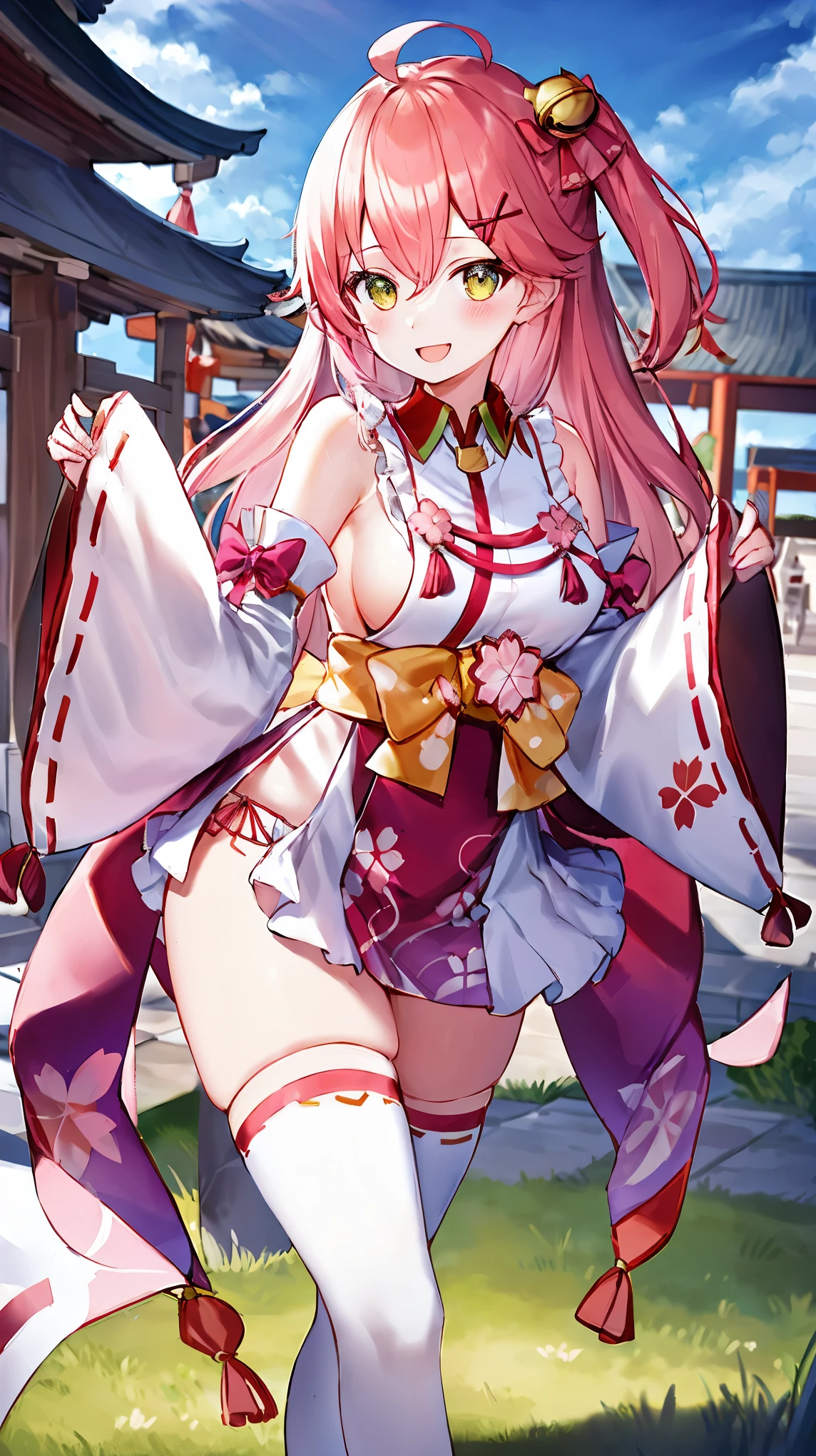 masterpiece, best quality, highres, miko1, sakura_miko, 1girl, big_boobs, solo, ahoge, x_hair_ornament, pink_hair, floral print, hairclip,(side_less_clothes:1.5), (side_boobs:1.5), hair_bell, floral print, long_hair, hair between eyes, one side up, white thighhighs, asymmetrical legwear, wide sleeves, open_mouth,(happy:1.3),gleen_eyes,big_smile,(rise_leg:1.3),plump,apart_legs,(overly_long_sleeves:1.3),),sleeves_past_wrists,hands_hidden_sleeves,sidelock_clothes,dynamic_posing,solo,hidden_wrists,(XD:1.4),covered_nipples,sunlight,cherryblossom_temple_landscape_background,