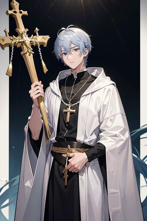 30-year-old priest have short, messy silver-blue hair and eyes of the same color. He is a tall and muscular man, wearing a Holy Knight's robe with a cross on his chest, wearing a golden crucifix necklace and holding it. a spear in his hand