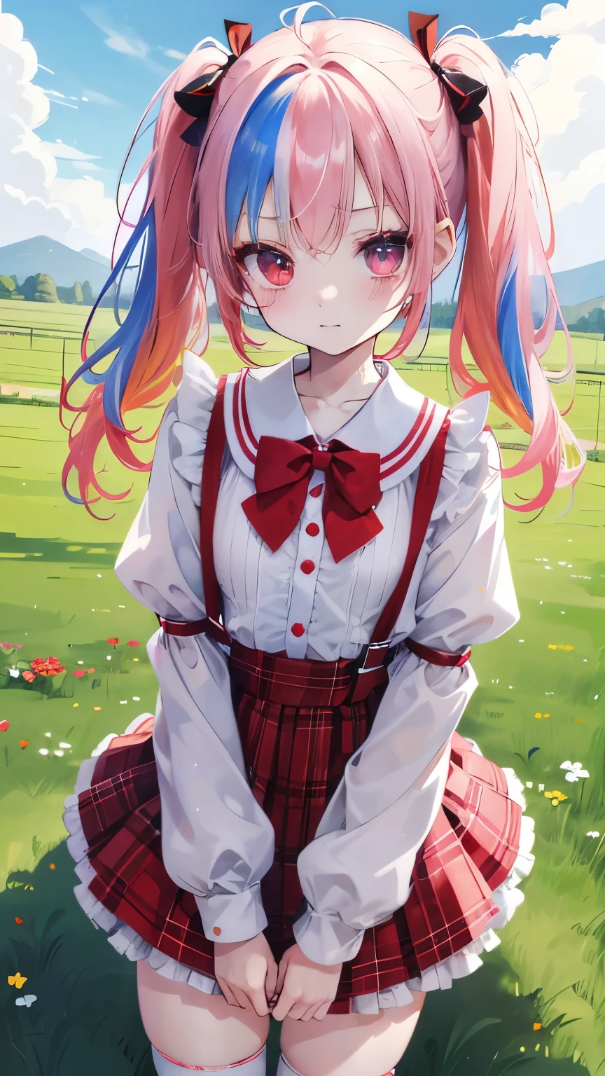 Very cute girl (), rainbow-colored pigtails, round eyes, short eyebrows, short eyelashes, slightly upturned lips, small red tartan check shoulder strap one-piece skirt, white zettai ryoiki knee-high socks, zettai ryoiki, sunny day, blue sky, country road, faint smile, cheerful,
