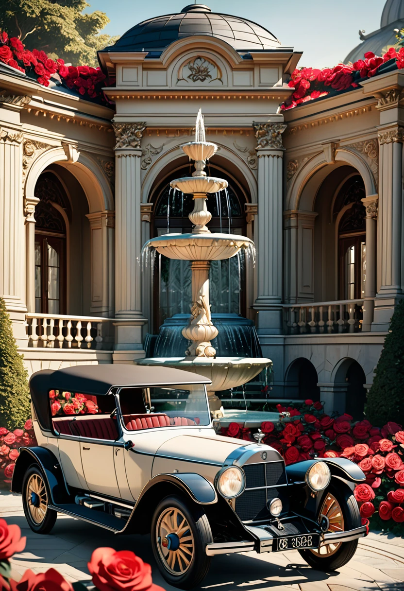 a vintage 1886 benz patent motorwagen car parked in a grandiose estate garden, surrounded by blooming red roses, a marble fountain, detailed architecture, ornate details, intricate textures, photorealistic, 8k, cinematic lighting, dramatic shadows, warm color palette, masterpiece