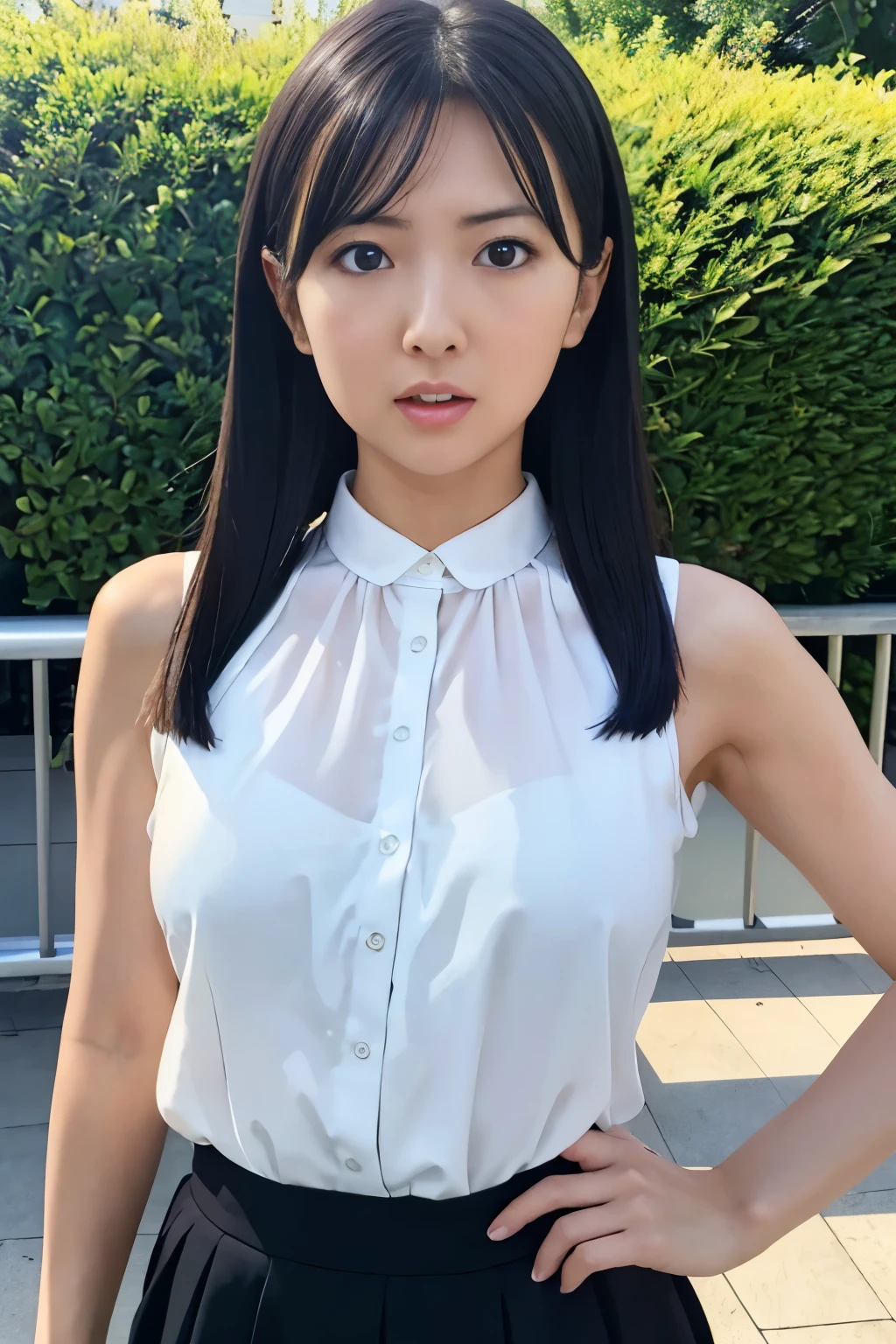 photorealistic, masterpiece, high resolution, high detailed, 1 pretty girl, rika shiraki, platinum black hair, looking at viewer, frilled sleeveless, surprised expression, open mouth wide, about to weep, all clothes see-through, big erect nipples beneath the clothes, Ivanka Trump,
, kitagawa keiko, 