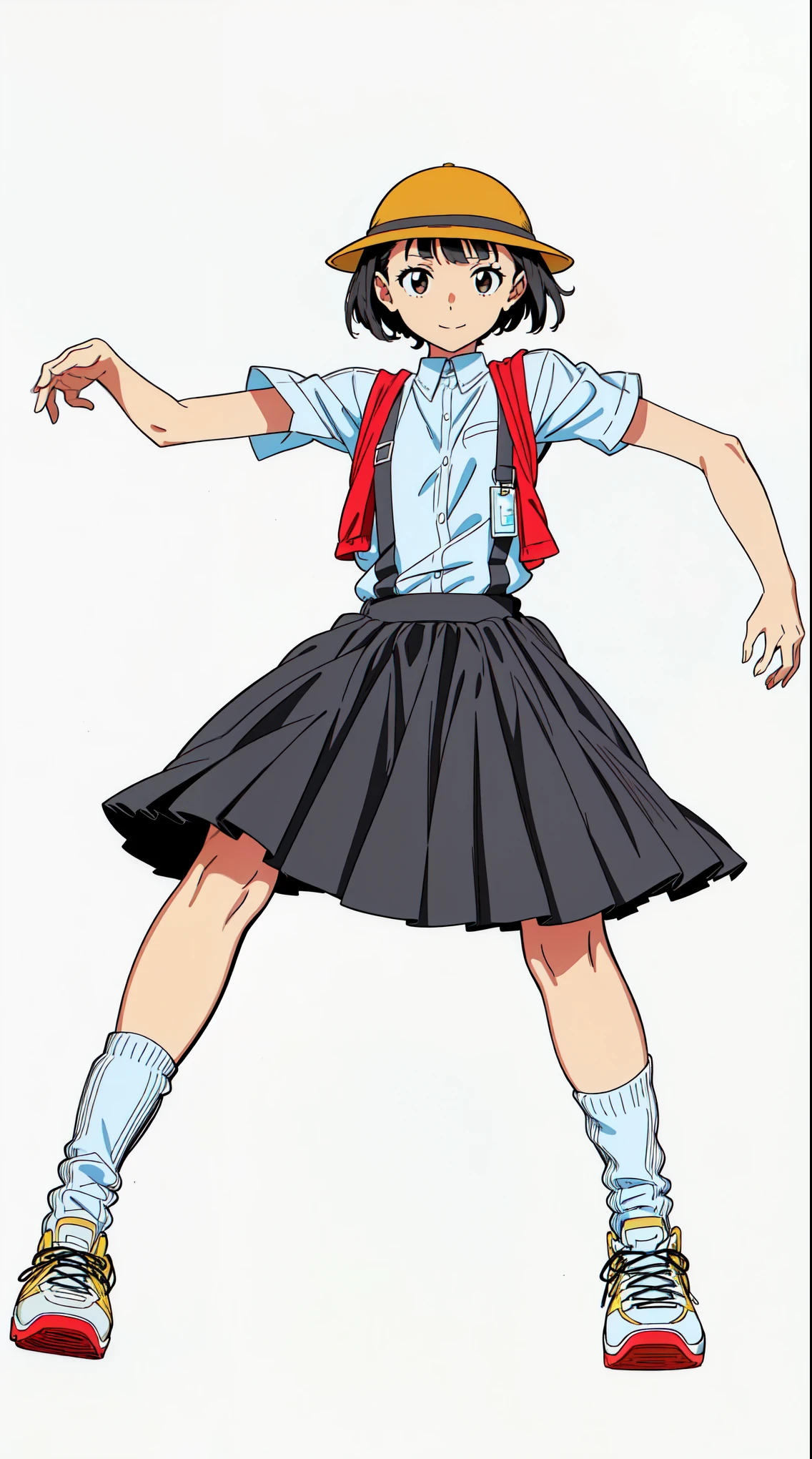(white background:1.0), (best quality:1.0), (masterpiece:1.0), (super fine illustration:1.0), (beautiful artwork:1.0), (anime screencap:1.0), (official art:1.0), (full body:1.0), (solo:1.0), (a cute girl:1.0), (yellow hat:1.0), (red randoseru:1.0), (name tag:1.0), (long skirt:1.0), (black skirt:1.0), (pleated skirt:1.0), (white shirt:1.0), (short sleeve dress shirt:1.0), (black thin suspenders:1.0), (sneakers:1.0), (white socks:1.0), (ideal ratio body proportions:1.0), (lanky:1.0), (tall:1.0), (slender:1.0), (small breasts:1.0), (smaller face:1.0), (detailed beautiful eyes:1.0), (detailed beautiful face:1.0), (tareme:1.0), (smile:1.0), (cheerful:1.0), (glowing black eyes:1.0), (short hair:1.0), (blunt bangs:1.0), (black hair:1.0), (standing:1.0), (looking at viewer:1.0)