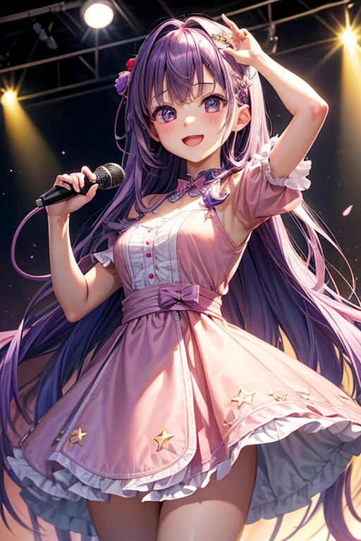 Masterpiece、higly detailed、(1 girl in:1.2)、Purple hair color、pink dress、Big Eye、close up shot、smile、8k、Ai Hoshino、A venue for live performances、Artificial Intelligence Bose, 1Girl in, solo, smile, open mouth, one closed, star (symbol), Symbol-Shaped Pupils, pointing, microphone, simple backround、sweats