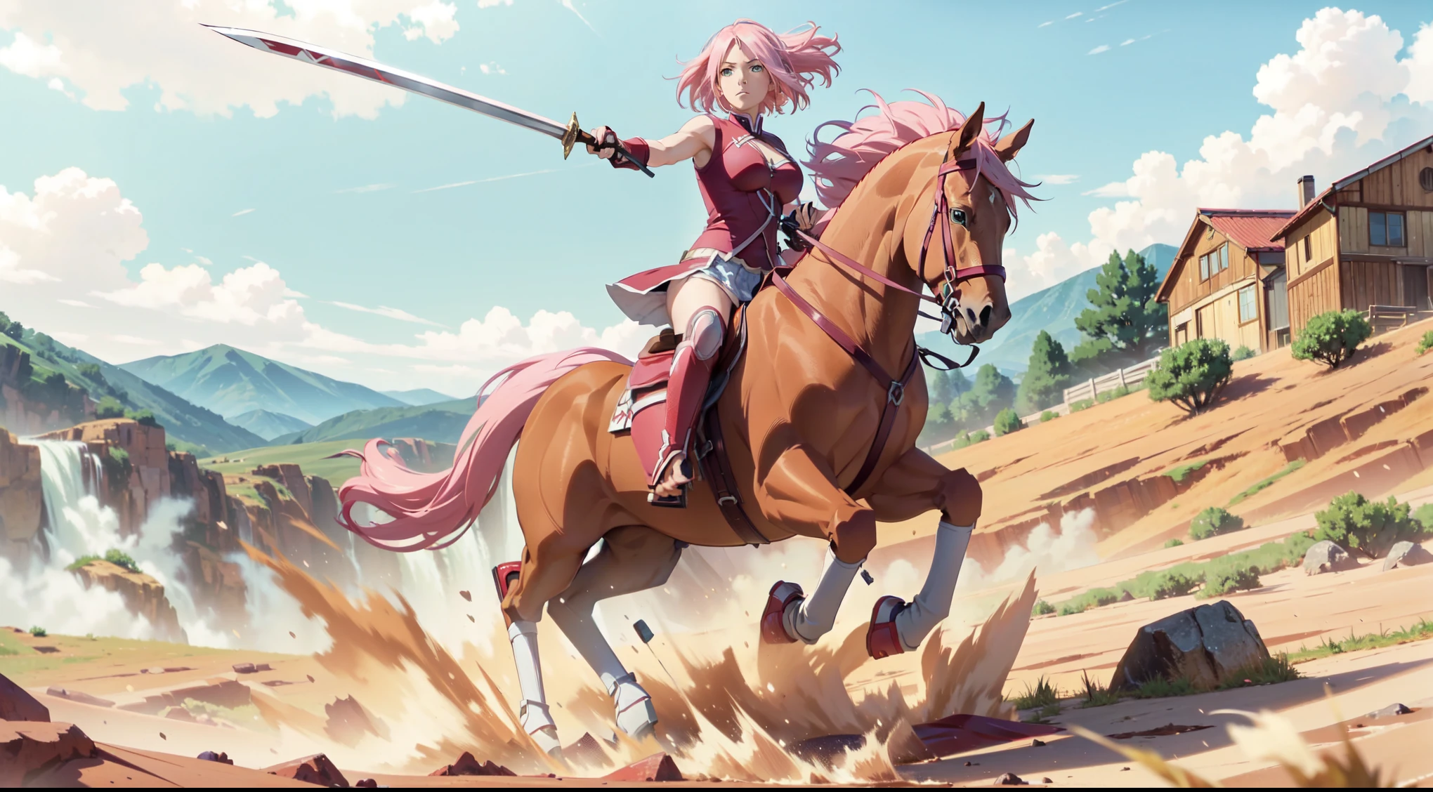 ((best quality)), ((anime masterpiece)), (high detailed), 8k, cinematic lighting, anime screencap, HDR, vivid color, sakura haruno riding a BROWN HORSE, (haruno sakura, medium hair, {pink hair}, medium breast, cleavage), determined face, (red armor, red gauntlet, red miniskirt, red boots), holding a sword, mountains, outdoor, open field, ((from side: 1.2)), anatomically correct