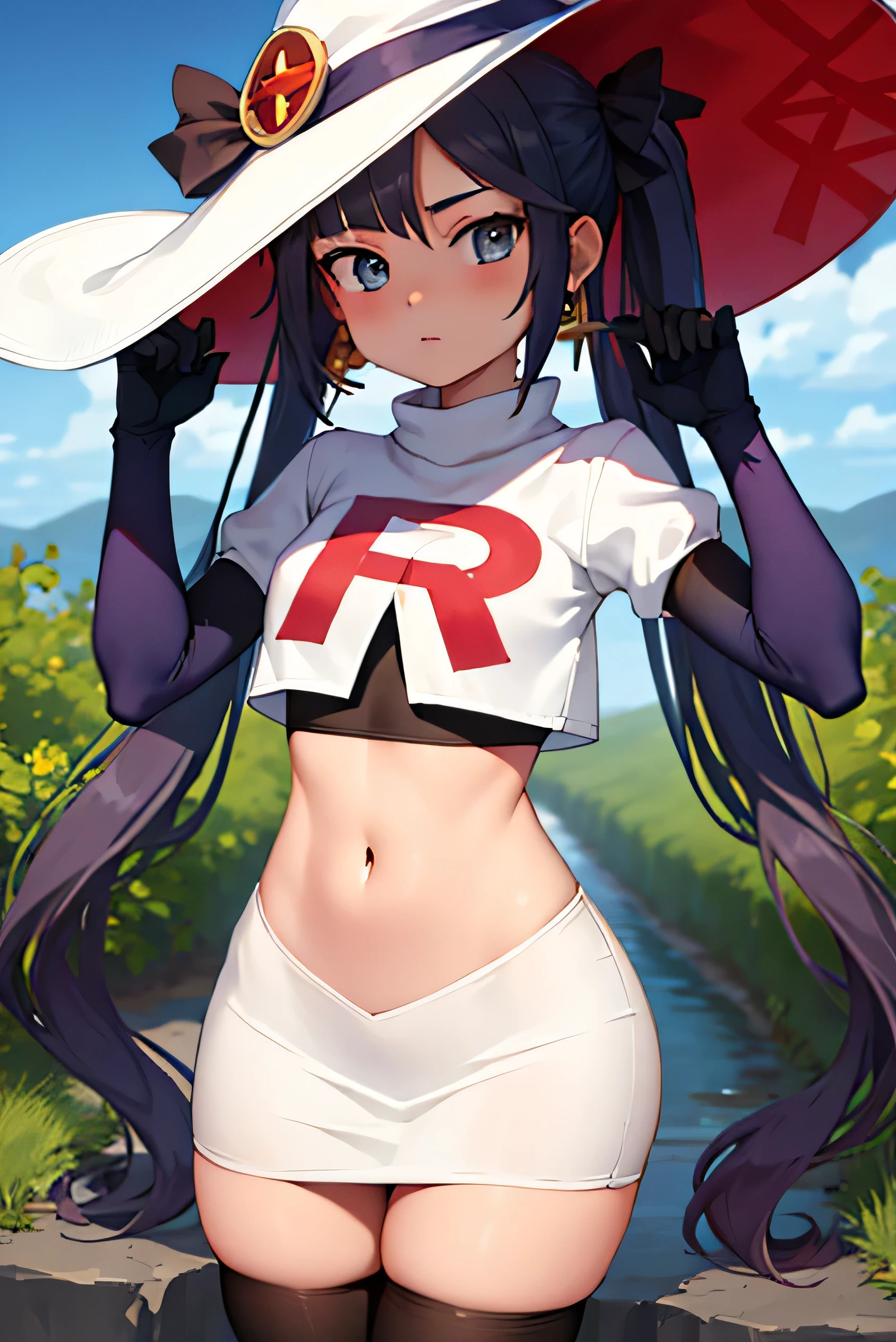 ((masterpiece,best quality)), team rocket,team rocket uniform, red letter R, white skirt,white crop top,black thigh-highs,black elbow gloves zettai ryouiki, aamona, long hair, twintails, hair ornament, black ribbon, earrings, witch hat, purple headwear, cowboy shot,