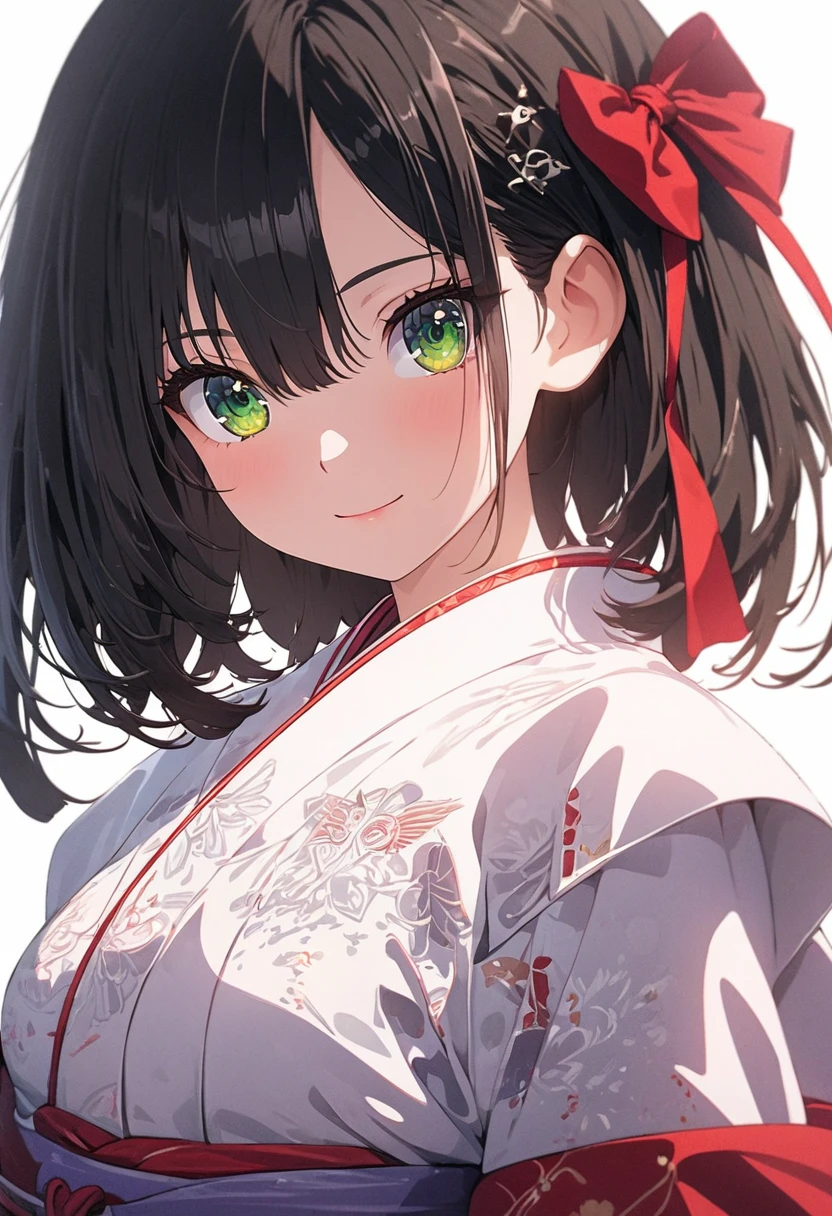 (musterpiece), (best quality), (score_9, score_8_up, score_7_up), official art, absurdres, highres, ultra-detailed, waifu2x, Collection: Slice of Life, very detailed eyes, expressive eyes, perfect face, very detailed face, highly detailed face, beautiful girl, 8K, (white background), dark intense shadow, Ultra-high resolution, Movie Lighting, (Fuji Color: 1.2) portrait, (clear line illustration:1.2), very high resolution, very aesthetic, super detailed skin, Best sexual lighting powered by famous artist, 8k, cute picture, beauty illustration, photoshop_(medium), (Detailed Lighting), best anime 8k wallpaper, 1 girl, vtuber style, cool girl, multicolored hair, black hair, medium hair, bob cut, hair between eyes, green eyes, Japanese style dress, kimono, long sleeves,wide sleeves, skirt, capelet, white pantyhose, small breast, soft breast, hair ribbon, bowtie, belt with bow, geta, (full body), light smile, standing,