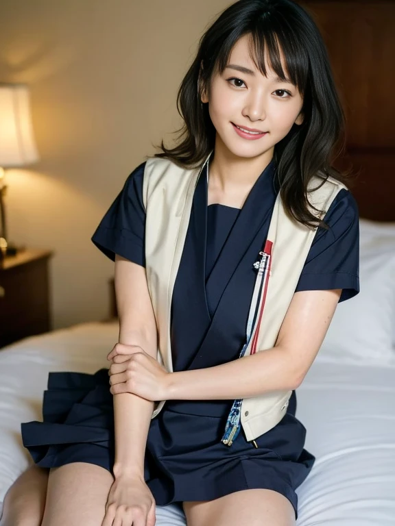 (Masterpiece, Best quality:1.4), (Ultra realistic, Photo-realistic:1.2), Natural light, 25 years old actress, Japanese women, Neat and clean, (Sailor suit, short sleeve suit:1.2), (Dark navy skirt:1.3), (Dark navy ribbon:1.2),(Ponytail:1.2), Short wavy hair, Light brown hair color, (Beautiful Face), Oval face, clear, (Beautiful eyes, Kind eyes), (Clear skin), Small face, (Small mouth), (Beautiful mouth), Natural makeup, Approachable, Luxury hotel Suite room, On bed, Seductive smile, (Seductive pose:1.2), (Beautiful thighs:1.1), (Bedroom eyes), (doggystyle:1.1),