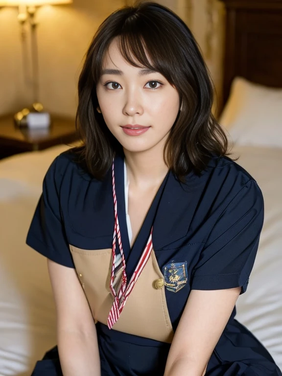(Masterpiece, Best quality: 1.4), (Ultra realistic, Photo-realistic: 1.2), Full body, (kneeling:1.2), Natural light, 25 years old actress, Japanese women, Neat and clean, School, (Sailor suit:1.2), (Navy pleated skirt:1.2), (ponytail:1.2), Light brown hair color, (Beautiful Face), Oval face, clear, (Beautiful eyes, Kind eyes), (Clear skin), Small face, (Small mouth, Beautiful mouth), Natural makeup, Approachable, Luxury hotel Suite room, On bed, (nsfw:1.2), Seductive smile, (Seductive pose:1.2), (Beautiful thighs:1.2), Bedroom eyes,