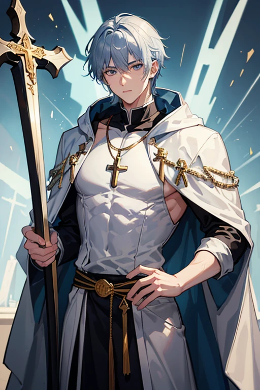 30-year-old priest have short, messy silver-blue hair and eyes of the same color. He is a tall and muscular man, wearing a Holy Knight's robe with a cross on his chest, wearing a golden crucifix necklace and holding it. a spear in his hand