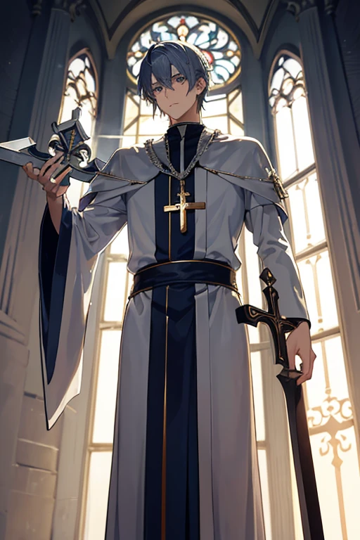 30-year-old priest have short, messy silver-blue hair and eyes of the same color. He is a tall and muscular man, wearing a Holy Knight's robe with a cross on his chest, wearing a golden crucifix necklace and holding it. a spear in his hand