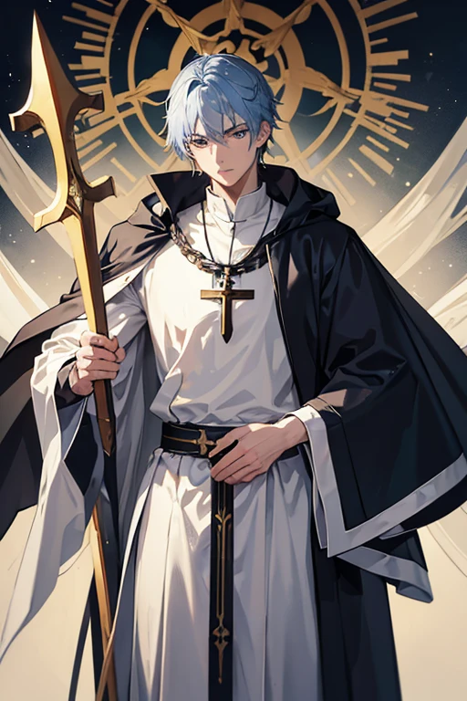 30-year-old priest have short, messy silver-blue hair and eyes of the same color. He is a tall and muscular man, wearing a Holy Knight's robe with a cross on his chest, wearing a golden crucifix necklace and holding it. a spear in his hand