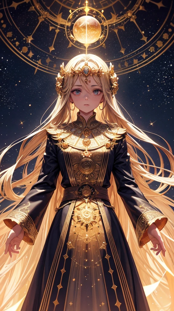 Before a cosmic vastness, where time and space seem intertwined, the King of Time stands as a majestic and imposing figure. Their eyes, luminous like ancient stars, emanate infinite wisdom, reflecting past and future ages. Your royal mantle, rich in detail, is made of an ethereal fabric that seems to flow like sand in an hourglass, adorned with intricate patterns of golden gears and celestial symbols that glow softly, as if they contain the universe's own power. The crown that rests upon his head is a masterpiece of celestial engineering, combining the traditional design of a royal crown with complex, constantly moving gears. At the center, a large, glowing hourglass emits a golden glow, symbolizing the King's absolute control over the flow of time. Behind him, the setting is a spectacle of astronomical beauty, with spiraling galaxies, bright constellations and mystical clocks floating through the infinite void, each marking the passing of countless eras. The scene is bathed in a surreal and esoteric light, that seems to emanate from the depths of the cosmos, creating a stunning contrast with the deep shadows and intense brilliance of the stars. Every detail, from the textures of the fabrics to the complexity of the time mechanisms, is rendered with stunning precision, creating an image that captures both the grandeur and mystery of a being who dominates time in all its forms.