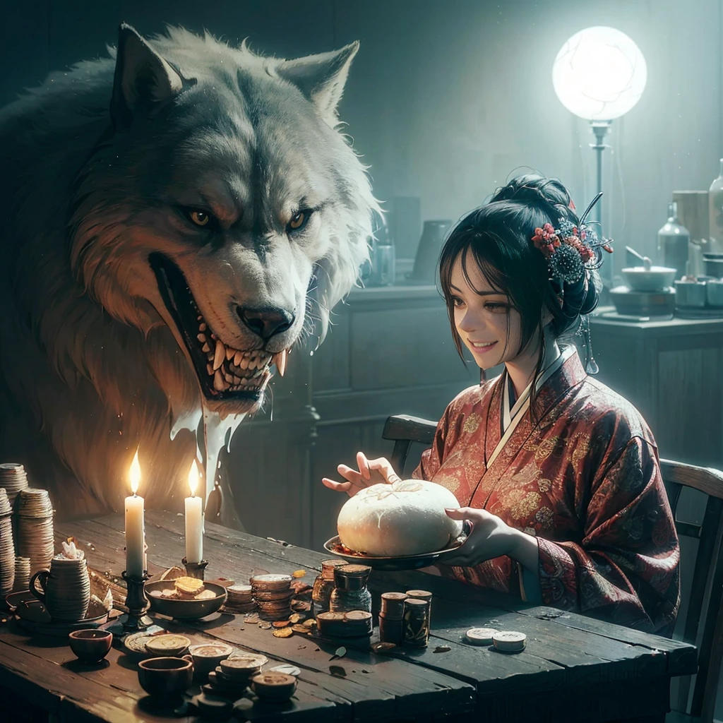 (masutepiece:1.2), (Best Quality:1.2), (high resolution:1.2), (beautiful face and eye:1.2), (sharpest focus:1.2), (Ultra-realistic Photo:1.2), (Ultra-precise Photo:1.2), (Depth of field:1.2), (perfect anatomy:1.2), (nice hands:1.2),
(perfect hands:1.2), (Chinese Song dynasty bar hostess:1.0), (Beautiful middle-aged woman holding a large steamed bun in her hands:1.0), (Gruesome and cruel smile:1.5), (Fierce smile:1.5),
(Proprietress lit by a simple candelabra:1.0), (Large quantity of Chinese Song dynasty coins piled on a crude table:1.0),