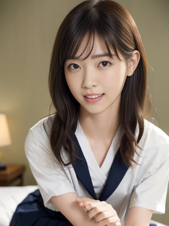 (Masterpiece, Best quality:1.4), (Ultra realistic, Photo-realistic:1.2), Natural light, 25 years old actress, Japanese women, Neat and clean, (Sailor suit, short sleeve suit:1.2), (Dark navy skirt:1.3), (Dark navy ribbon:1.2), (Short wavy hair:1.1), Ponytail, Light brown hair color, (Beautiful Face), Oval face, clear, (Beautiful eyes, Kind eyes), (Clear skin), Small face, (Small mouth), (Beautiful mouth), Natural makeup, Approachable, Luxury hotel Suite room, On bed, Seductive smile, (Seductive pose:1.2), (Beautiful thighs:1.1), (Bedroom eyes), (lesbian couple:1.1), (petting together), obscene reality of girls, (crotch rub:1.1),