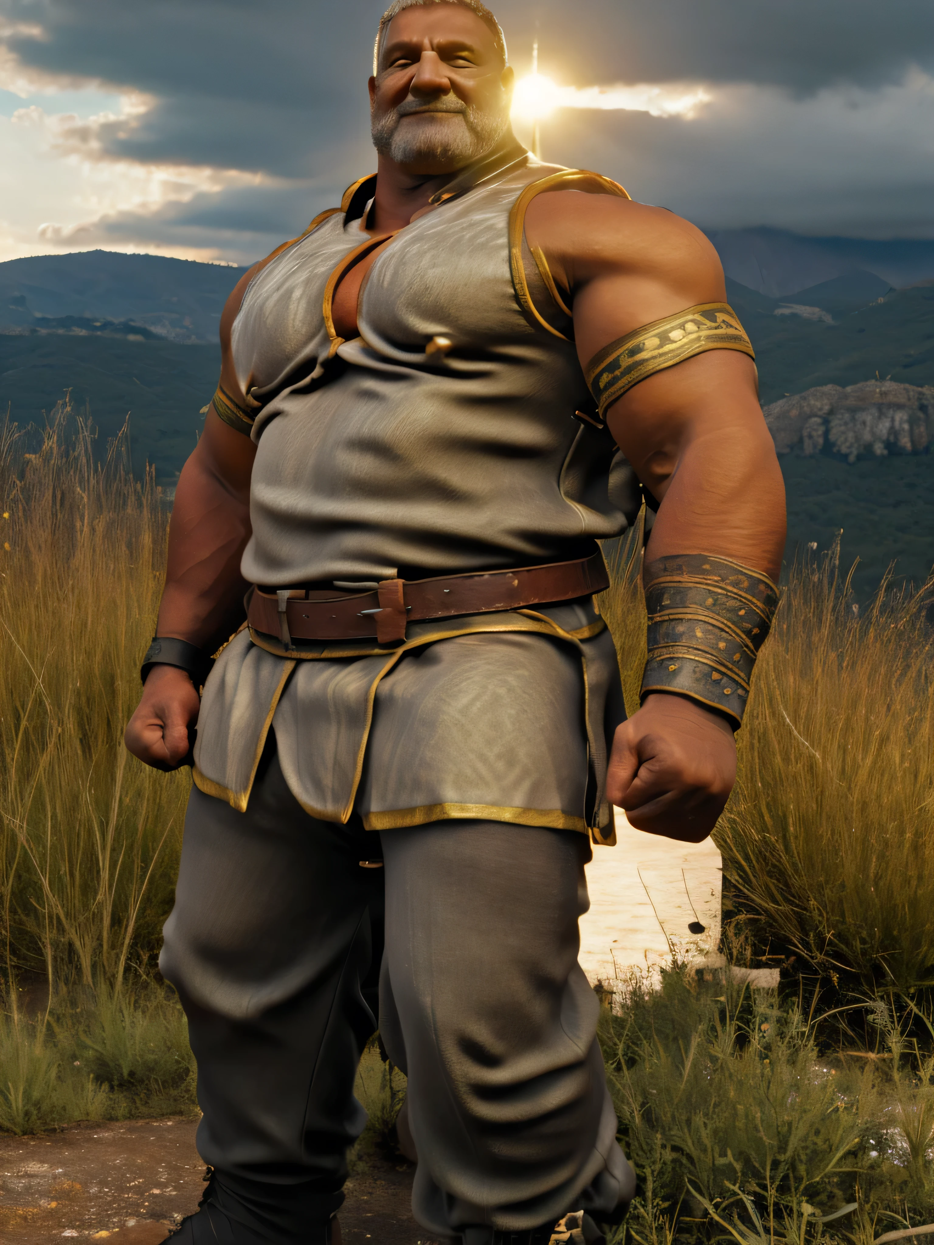 A gray-haired Roman centurion with no shirt A full body obese bodybuilder with a very sweaty body An extremely muscular and extremely fat old man over 70 years old weighing over 600 pounds Very muscular very hairy with large pecs with dark nipples and gynecomastia in a landscape of a Tuscan field with a stormy sky in the rain with a short leather skirt and brass details