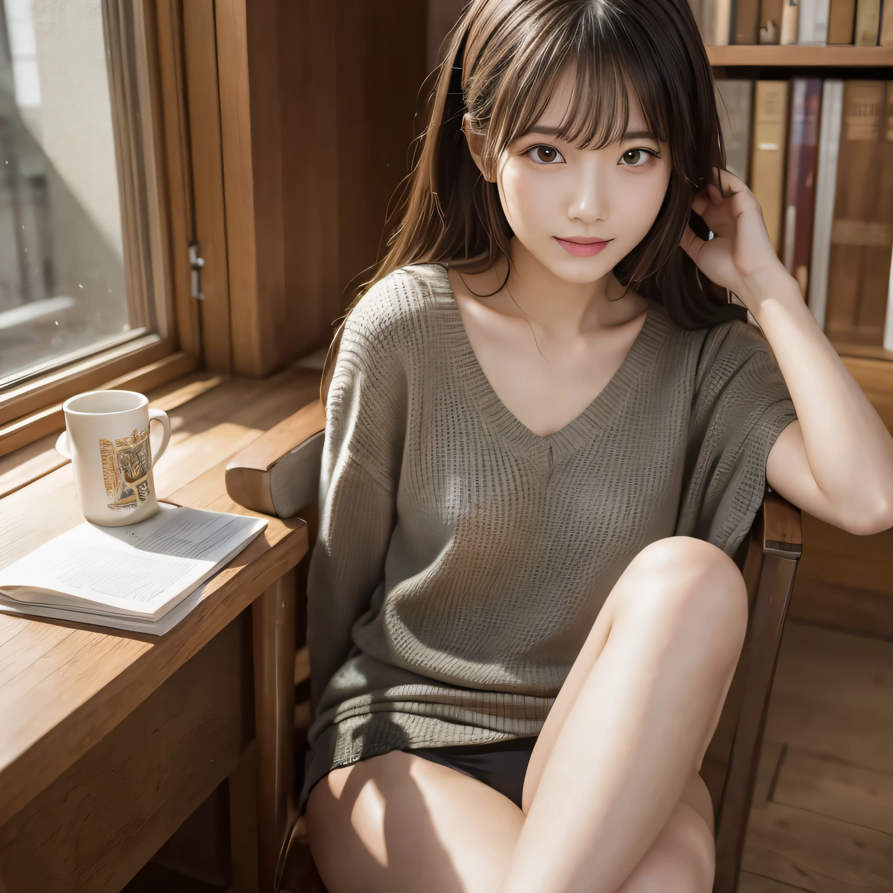 (masterpiece), Very realistic, her cheeks turn red、 Horizontal, drooping eyes、Non-NSFW, (Perfect Anatomy), 8k resolution, wonderful, elegant, Hyperrealism, Approaching perfection, dynamic, Very detailedな, Smooth, 超High resolution, Alchemy Smooth upscaled images ,HD resolution, High Quality Boost, Contrast Boost, Professional alchemy、(oversized lightbrown lowgaugeknit),(black slimpants),converse all star,Expressionless、美しいJapanese people women、cute、Small breasts、university student、22 years old、Hair tied up、1people、Very beautiful Japanese idol portraits、RAW Photos,Highest quality、Genuine、Very delicate and beautiful,Very detailed,2k wallpaper,wonderful,In detail,Highly detailed CG Unity 8K wallpapers,Very detailed,High resolution,Soft Light,Beautiful detailed,Very detailed eyes and face,Beautiful and sophisticated nose,Beautiful and beautiful eyes,Cinema Lighting,(Simple light color background:1.3)、Complete Anatomy、Slender body、Small breasts、Old Library、High bookshelf、 Wall-to-wall bookshelves、Drink coffee、Hair tied up、sit cross-legged on a chair、Concrete wall、((Agave on the table))、美しいJapanese people women、Perfect dynamic composition、Tilt your head、Model body type、 masterpiece、Highest quality、超High resolution、Ultra-high resolution photos、Smooth upscaled images 、HD resolution,、High Quality Boost,、Contrast Boost、Hyperrealism、Super fine、8k、elegant、 1people、Japanese people women、美しいJapanese people women、Ultra detailed face,、Captivating smile、cute、White skin、Fair skinの美しい肌、Brown eyes、Beautiful symmetrical face、Small face、22 years old、Beautiful black hair、 Beautiful small breasts、Skin between genuine people、Perfect figure、Perfect Anatomy's Body Type、whole body photos、Detailed and realistic people bodies、Detailed and realistic skin、Realistic face in every detail、Detailed and realistic eyes、Detailed and realistic lips、Detailed and realistic teeth、Detailed and realistic ears、Detailed and realistic hair、Beautiful Hands、Realistic feet down to the last detail、Realistic breasts down to the last detail、Realistic areola down to the last detail、Realistic nipples down to the last detail、Realistic female genitalia down to the smallest detail、Realistic vagina down to the last detail、Detailed and realistic clitoris、Realistic anus down to the last detail、Thick pubic hair with realistic detail、whole body、whole bodywhite skin、Fair skin、Check and fix the skeleton、Pubic hair is thick、Thick pubic hair、 Completely naked、urination、Pleasant expression、Blushing cheeks and an ecstatic expression, Leaking urine、A sex toy is inserted into the anus、Put your arms behind your back、Open your mouth、 Scandinavian interior、Concrete wall