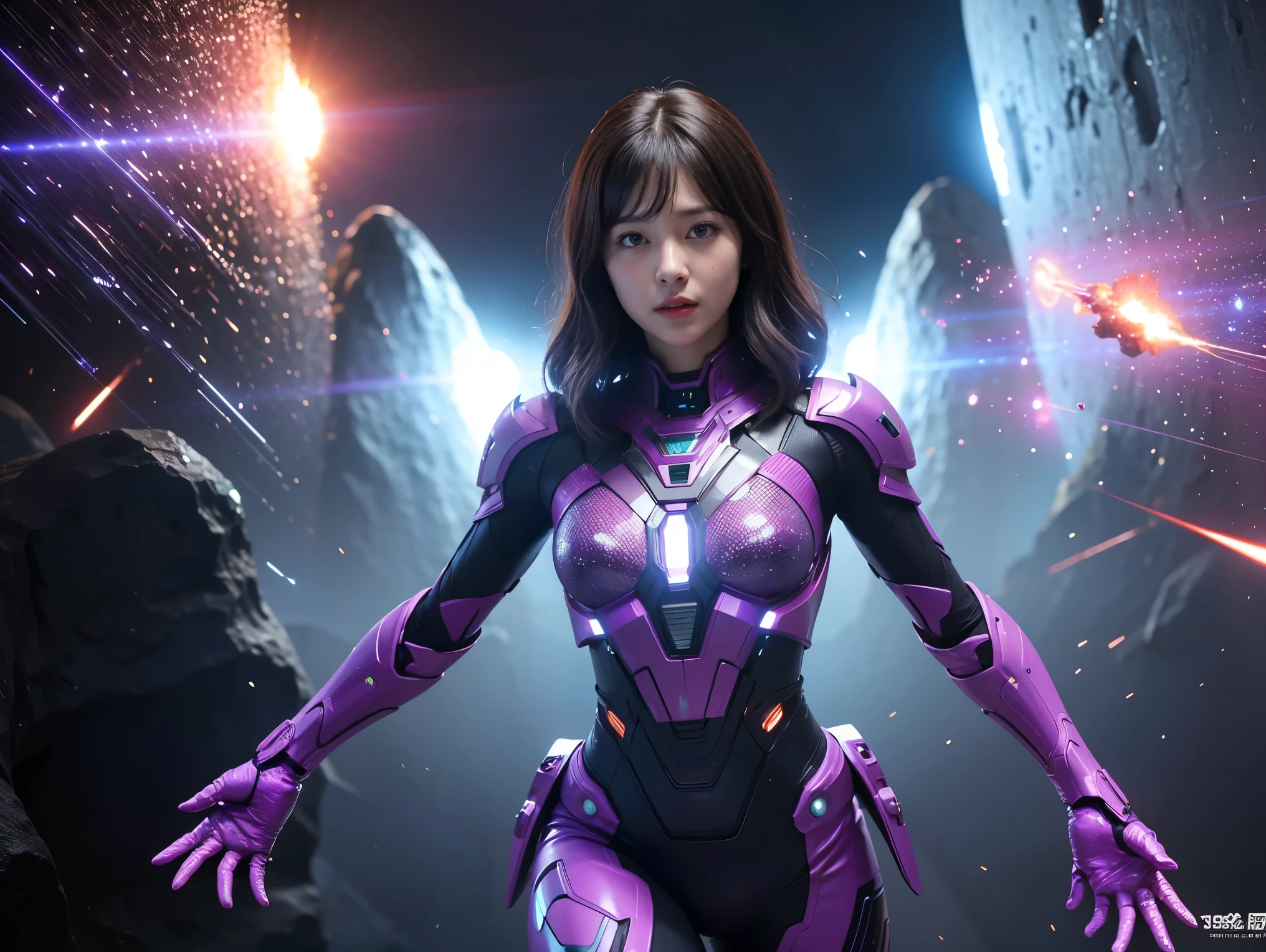 (RAW Photos, Highest quality), (Realistic, Photorealistic:1.3), 1 person、Realisticbody、Purple battle costume、Meteorite Warriors from Outer Space、The Battle of the Octopus Aliens、Octopus、Shielded Reflector Laser、smile、