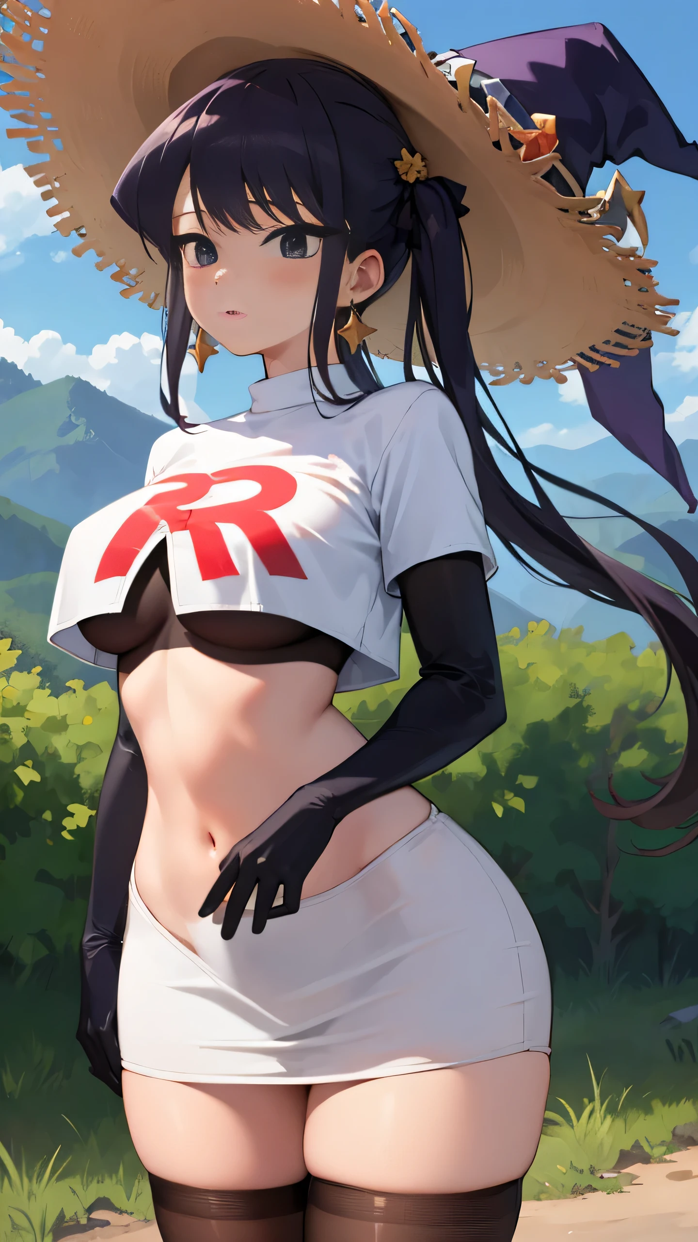 ((masterpiece,best quality)), team rocket,team rocket uniform, red letter R, white skirt,white crop top,black thigh-highs,black elbow gloves zettai ryouiki, komi shouko, long hair, twintails, hair ornament, black ribbon, earrings, large breasts, witch hat, purple headwear, cowboy shot, mountain background