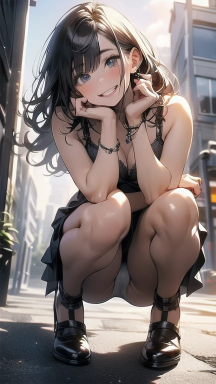 (masterpiece:1.3), High resolution, Very detailed, Highly detailed CG Unity 8K wallpapers, Realistic, photo-Realistic, RAW Photos, Beautiful and elaborate face, White skin, Realistic glistening skin, High-quality fabric, Detailed hair texture, Perfect body, Beautiful Face, Accurate, Anatomically correct, Very detailed顔と肌の質感, Natural neck length, (Beautiful Hands), (Fair skin:1.2), Thin legs, Thin legs, 
break, 
Beautiful Eyes, Symmetrical eyes, Bright Blue Eyes, double eyelid, Thin eyebrows, (Glossy Lips:1.4), (Smiling Kindly:1.2), 
break, 
(Elegant and cute:1.3), (I'm wearing a big blue midlift.:1.3), (See through:1.3), (Sexy panties:1.2),   
(Medium sized big breasts, Slim figure, Strong Abs, Hard breasts:1.1), Beautiful clavicle, 
(Dark blonde hair, Wavy Hair, Long Hair:1.2), ((Asymmetrical bangs:1.2)), 
break, 
((Squatting on a luxury sofa:1.3)), ((Looking down at the viewer)),
((The rooftop of a modern office building at night)), (Cowboy Shot:1.2), (((From below:1.3))),Bend your knees and spread your legs wide、White panties、White bra