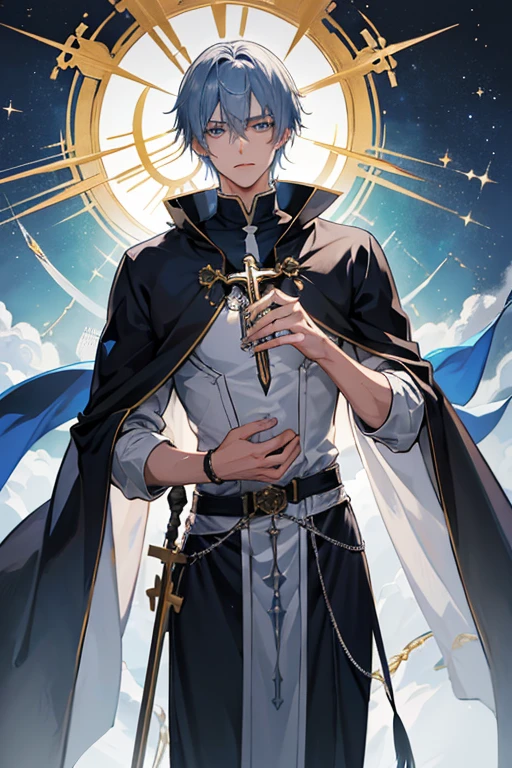 30-year-old priest have short, messy silver-blue hair and eyes of the same color. He is a tall and muscular man, wearing a Holy Knight's robe with a cross on his chest, wearing a golden crucifix necklace and holding it. a spear in his hand