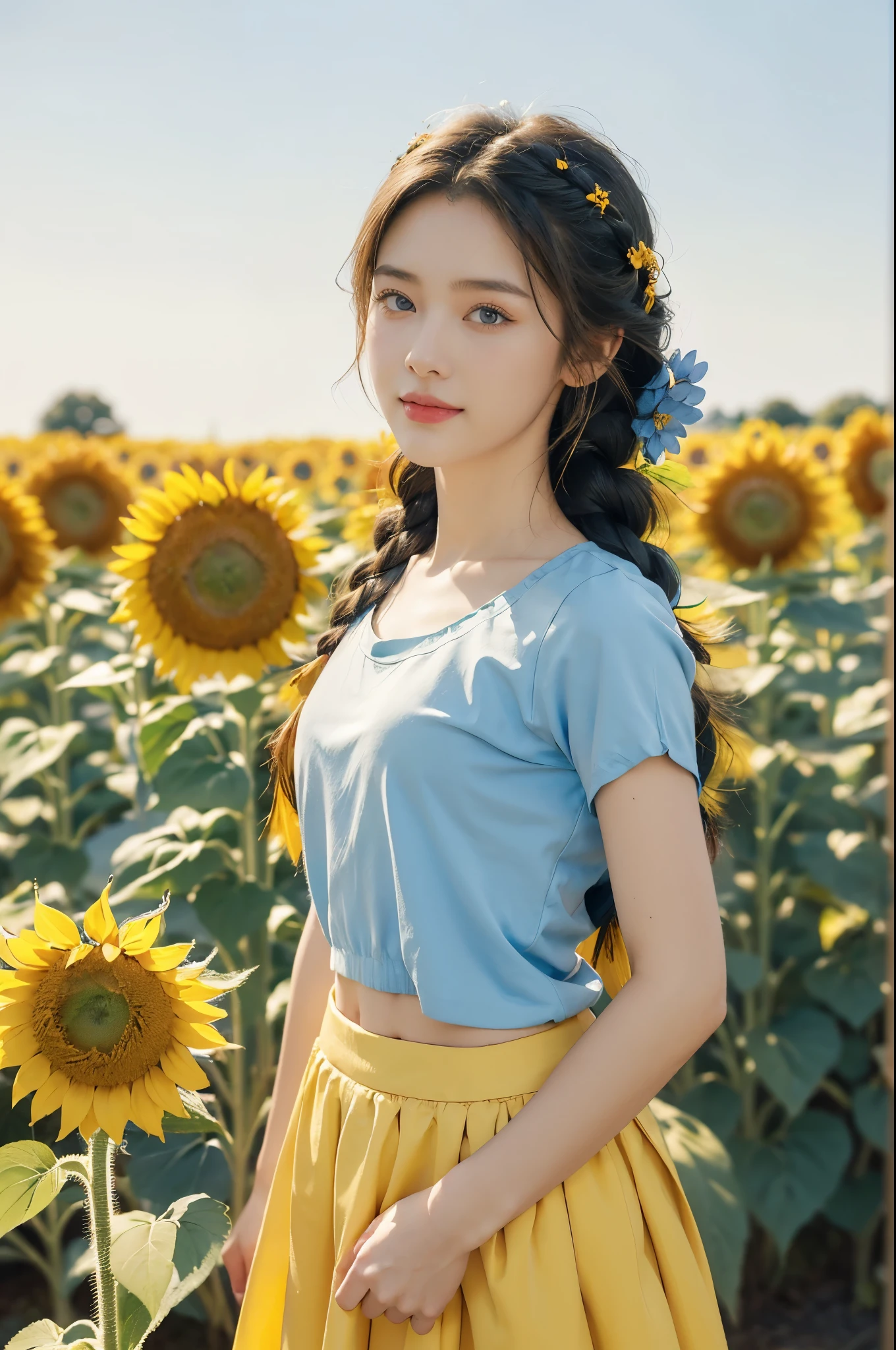 (((best quality))), (((ultra detailed))), (((masterpiece))), illustration,((a beautiful Ukrainian girl,solo)),((slim,thin)),((small breasts,flat chest)),(standing amidst a field of sunflowers:1.3),(short blue braid hair:1.3), (((vibrant blue shirt,maxi bright yellow skirt))),((from front,upper body)),complementary attire, horizon as backdrop, brilliant shade of clear blue sky, stark contrast with yellow flowers, sea of yellow sunflowers, striking features, sharp piercing eyes, warm kindness, subtle smile, gentle nature, simplicity of beauty,