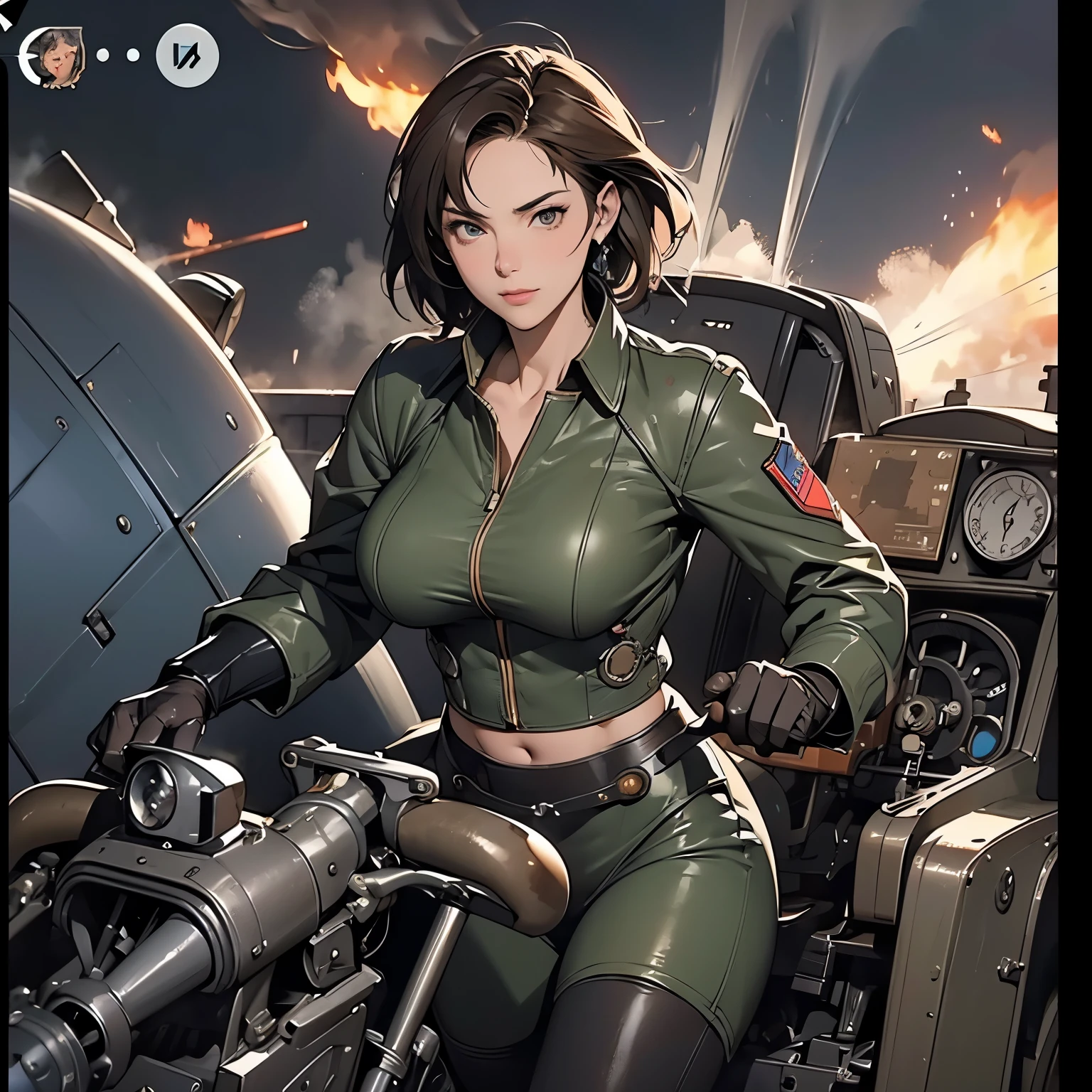 a funny retrowave ((coyote female)), (pure beauty), ((pretty detailed face)), ((she is the center of the image)), wearing a brown world war 2 pilot jacket (leather), a ((white pilot overall with zipper)), and (pilot goggles), ((thight clothes)), david clark headset (green), sexy, slim body, ((green hair)), neon ligthning, full body picture, full head picture, 80s atmosphere, (fur ears), fur tail, retro arcade game vibes, (looking at camera), 8k, ((high resolution)), very detailed, ultra hd, nose art pin up, ((over a background with an old airplane))