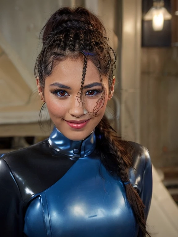 xenomilf Christina Chong beautiful face, narrowed eyes. smirk. black braided hair wearing blue sttldunf uniform,jamesdaly artstyle,
undefined, 