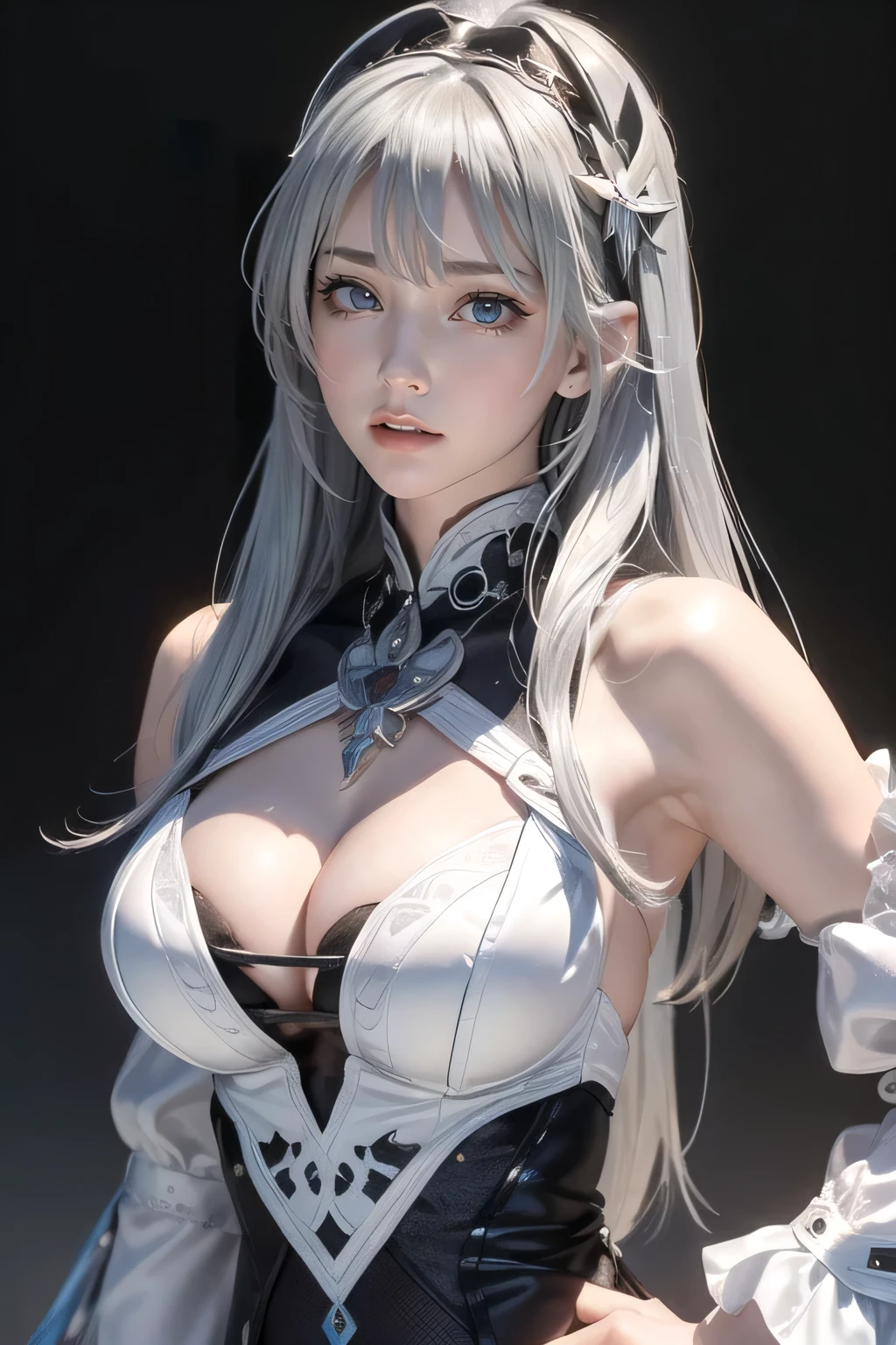 (masterpiece, Highest quality),8Kmasterpiece、Ultra-high resolution、(Realistic:1.3)、RAW Photos、Beautiful woman　1 person、(((Silver-white medium straight hair:1.2)))、Glowing Skin、1. Super beautiful cyberpunk soldier、((Ultra-Realistic Details))、Portraiture、Global Illumination、Shadow、Octane Rendering:1.2, Ultra Sharp、Beautiful breasts、Bare skin exposed at the cleavage、metals、Cool colors、、Very intricate details、Realistic Light、CGSoation trend、Beautiful Eyes、Big bright eyes、A gentle gaze toward a lover:1.2 、Accentuate the eyes:1.2、(((Look straight into the camera:1.2、Strike a pose for the camera:1.2))))、Long neck、Laugh a little、Please close your mouth and laugh:1.2、Ideal body type　、Neon Details、((Kissing expression))、((Red pupils))、( Shrug:1.2)、Expose your shoulders, Cleavage:1.2、Tight waist、 Beautiful details, Chest Details, (A beautiful damask dress with a deep neckline and random colors.:1.4), very good, , (Camel toe details), Very detailed, Highest quality, Tabletop,　(((The best hallucination:1.6、Mysterious world view:1.6、spiritual),(dream:1.5、Mysterious、romantic)))