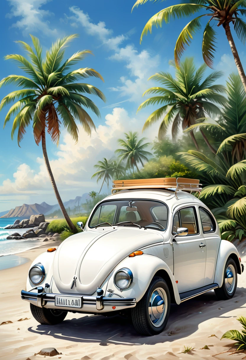 Vintage car, white beetle, a realistic image of a classic Volkswagen Beetle car. High quality ( perfect anatomy ) very detailed, realistic, delicate, high quality
Background, fresh morning, beach, palm trees, high resolution, masterpiece, super detailed, realistic, exquisitely detailed, fresh and elegant aesthetic style airbrush digital oil painting exquisite artwork