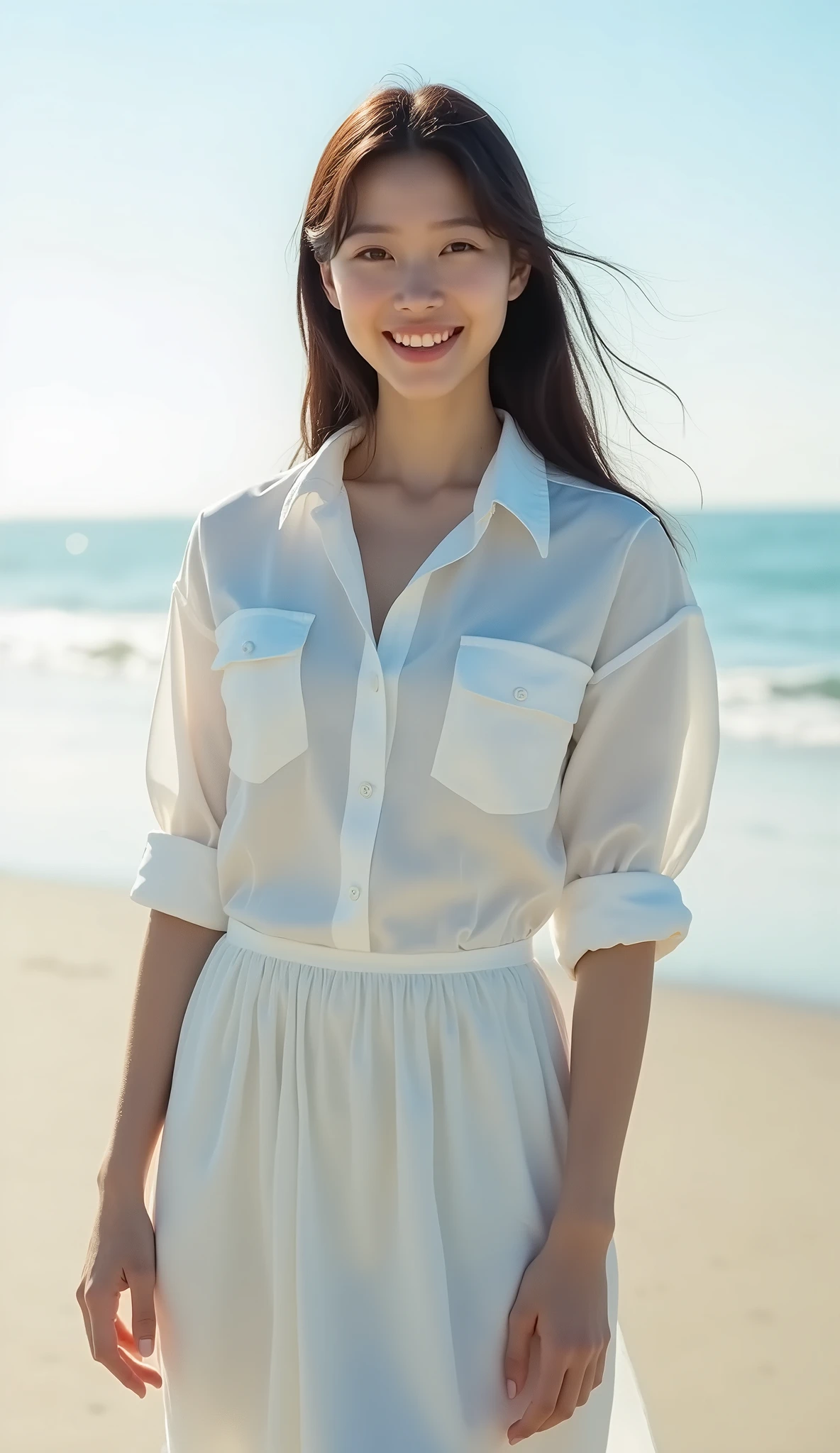((best quality)), ((masterpiece)), (detailed), perfect face,2 Japan Women,ager without makeup,Standing whole body,Clean to the toes,gigantic breasts:1.3,huge breasts:1.3,High bust top:1.3,Firm, round breasts:1.3,White shirt,Long skirt,((No Pat,No bra)),Bright smile,Soft sunshine on the beach,Depth of subject,Sharply in focus,Natural and soft light