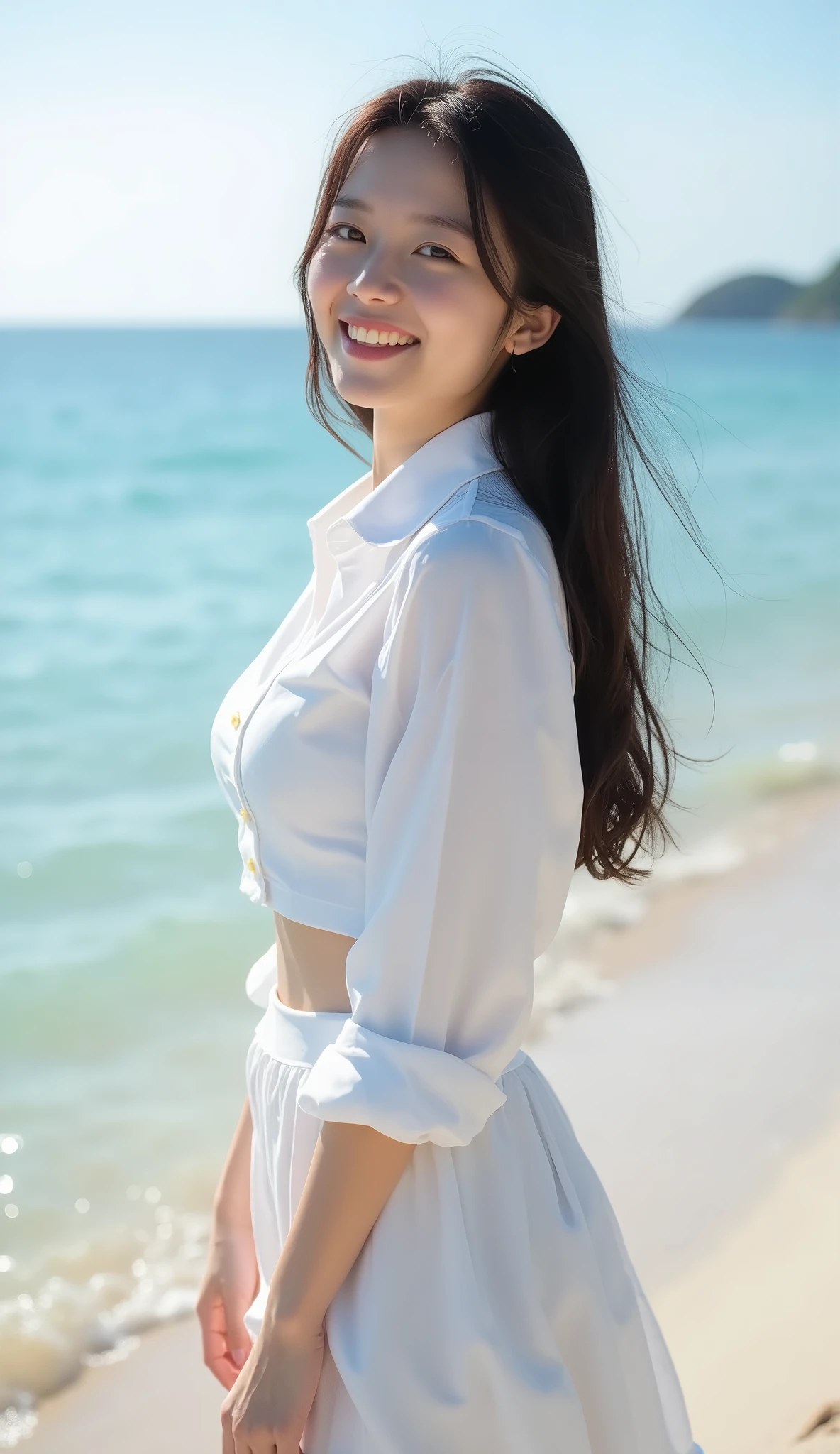 ((best quality)), ((masterpiece)), (detailed), perfect face,2 Japan Women,r without makeup,Standing whole body,Clean to the toes,gigantic breasts:1.3,huge breasts:1.3,High bust top:1.3,Firm, round breasts:1.3,White shirt,Long skirt,((No Pat,No bra)),Bright smile,Soft sunshine on the beach,Depth of subject,Sharply in focus,Natural and soft light