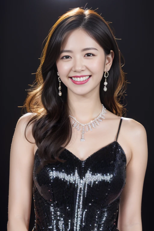 highest quality, masterpiece, ultra high resolution, (realistic:1.4),very detailed,professional lighting smile,black hair、toothy smile、black hair、ear piercing、necklace around neck、hairstyle short cut、mouth open