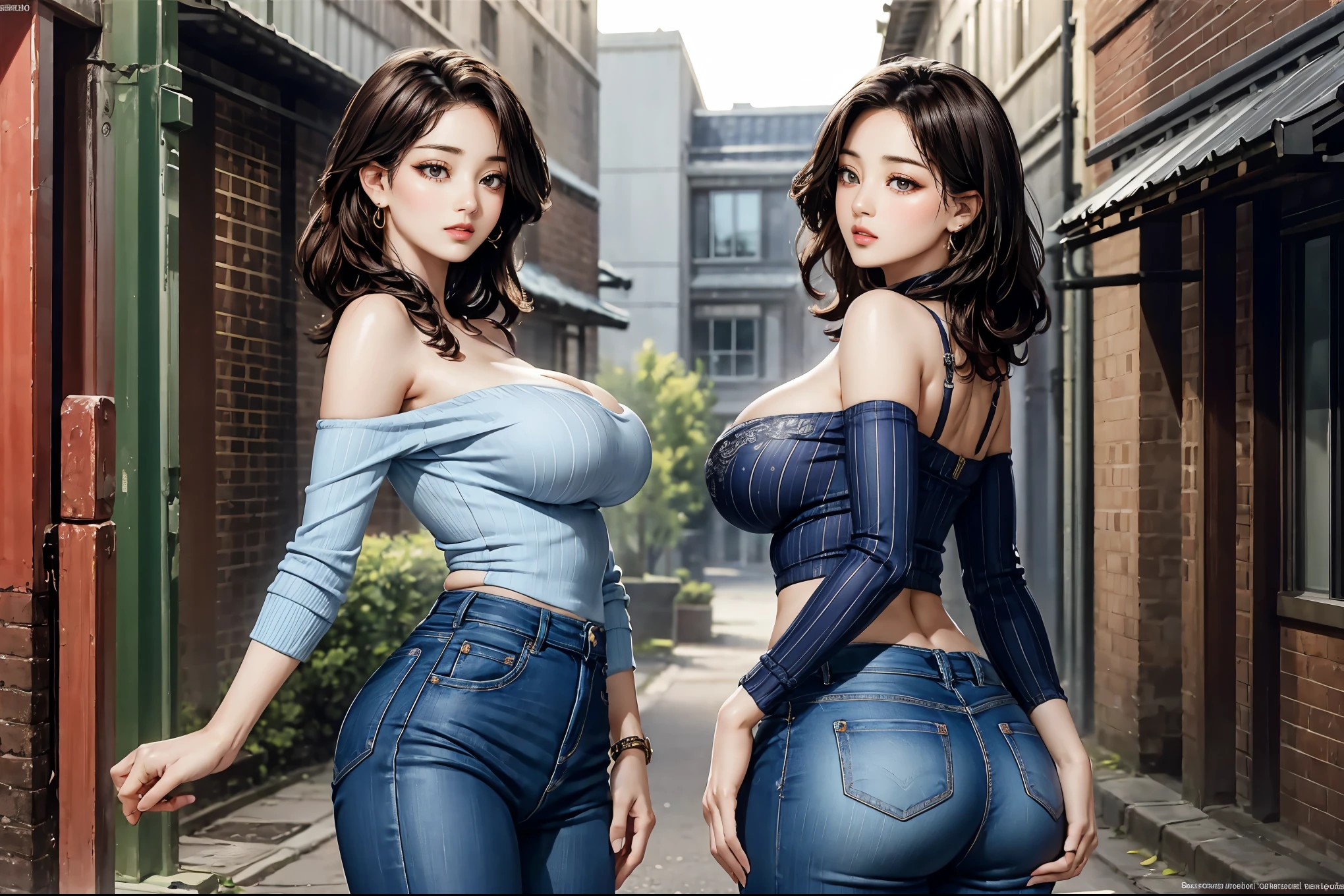 2 slim woman with big breasts wearing a very tight printed off-shoulder wonderbra, jeans, standing in an alley, (best quality, 4k, 8k, high resolution, masterpiece: 1.2), ultra detailed, (realistic, photorealistic, photo-realistic: 1.37), vivid colors, beautiful detailed eyes, beautiful detailed lips, extremely detailed eyes and face, long eyelashes, portrait. beautiful rear butt view